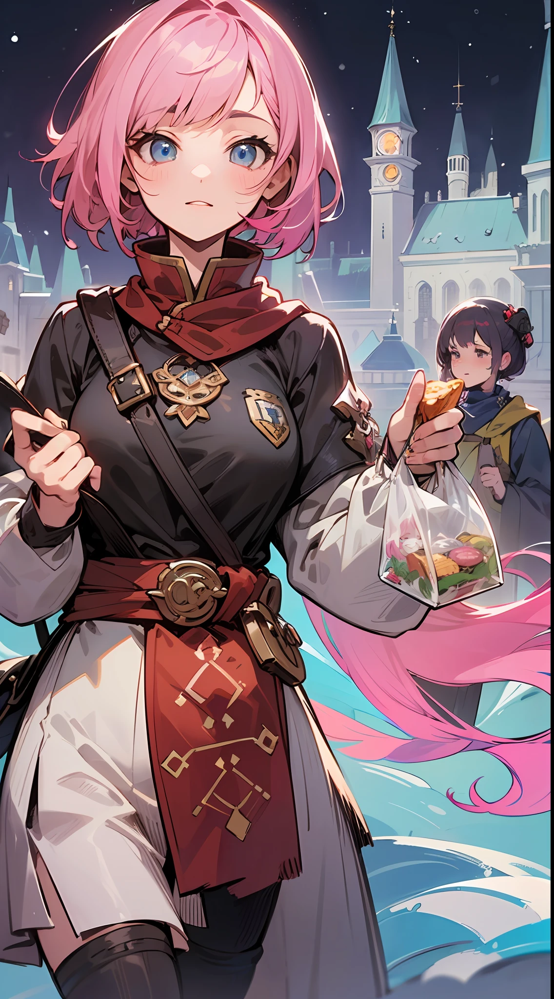 Top quality, detail, 8K, 4K, high resolution, detail, pink-haired monk girl, upper body shown, holding a bag of food, adventurer's guild building, ((several girls)), characters of various colors, (fantasy world), winter night,