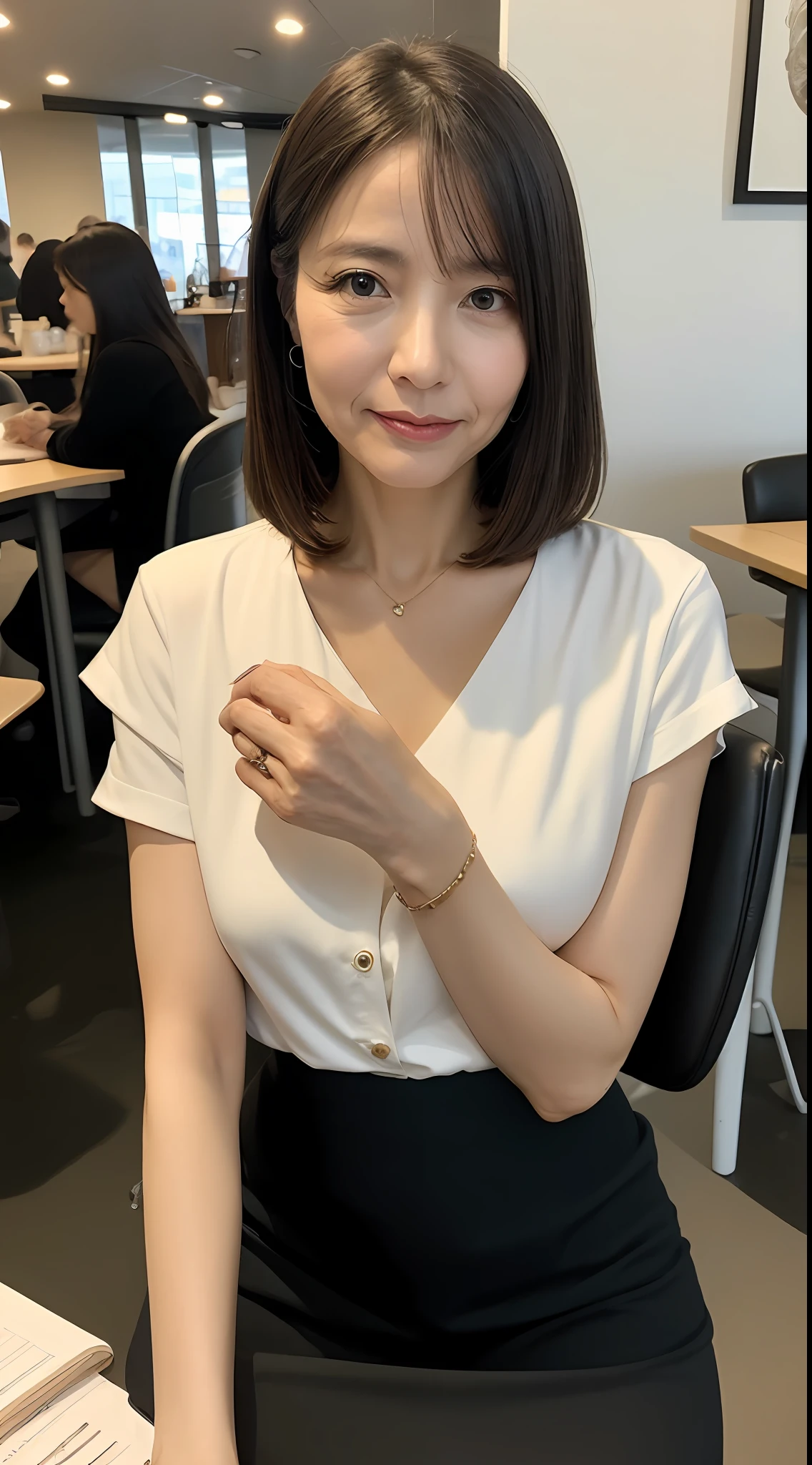 A masterpice, Top image quality, Hi-Def, 独奏, small tits, 45yo, (wrinkles:0.2), 1 persons, cafes, Parfait on the desk, sits on a chair, Stylish coordination,