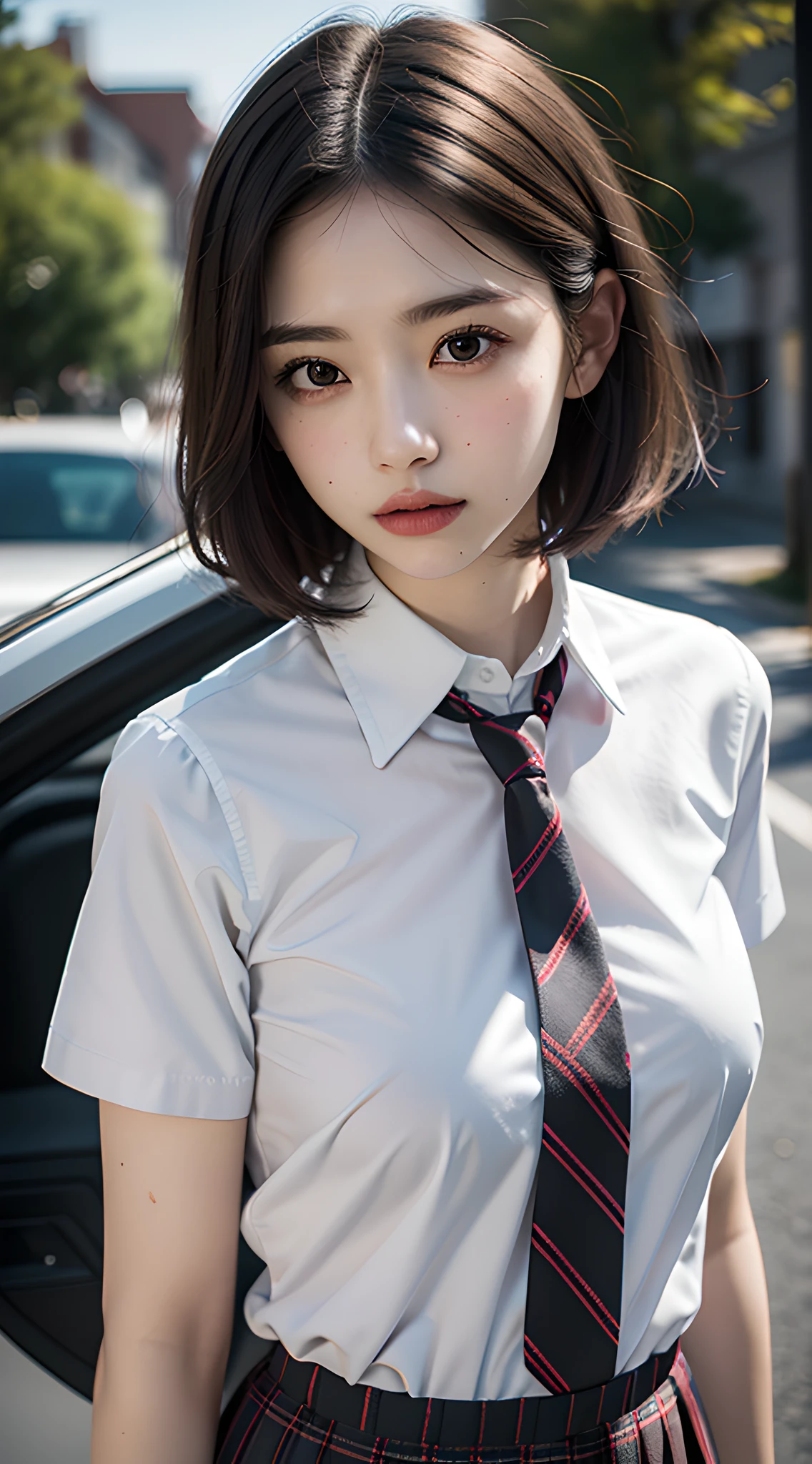 violaceaess, (gardeniass, rosaceaess:0.8), (masterpiece, best quality:1.4), delicate girl, beautiful short hair, close up, school uniform, white dress shirt, short sleeve, dark grey pleated plaid skirt, 8k, 50mm portrait, raw photo, absurdres, breasts focus, large breasts, thin arms, very thin waist, arch back, no makeup, worried, sophisticated, facelight, clear lighting, film grain, chromatic aberration, (dark red necktie:1.2), (wet shirt:1.3), street, bokeh, (simple background:1.2)