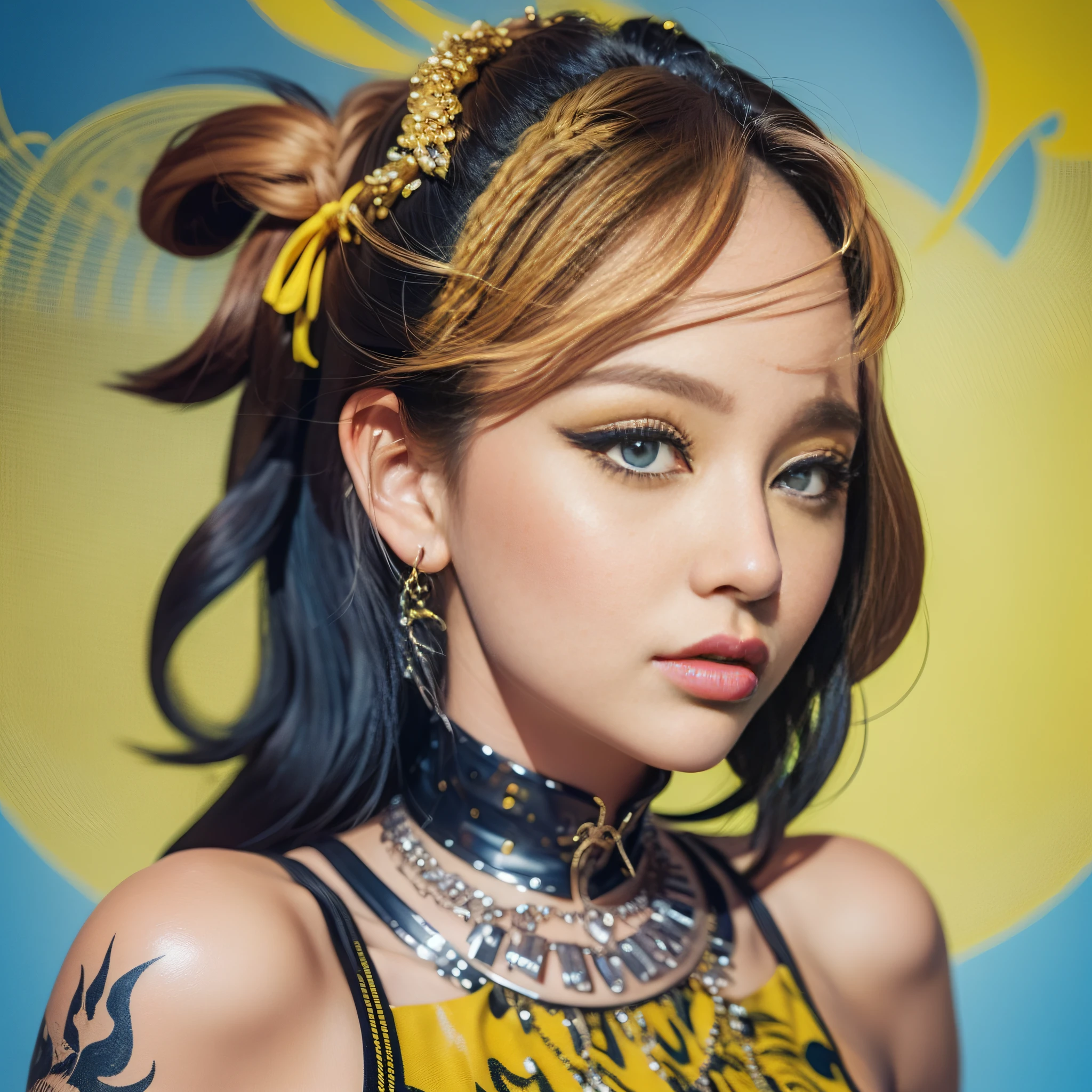 (masterpiece, best quality),a beautiful woman, lipstick, illustration, punk, cd cover art, (((blue and yellow))), portrait, blue background , yellow splashes, graffiti