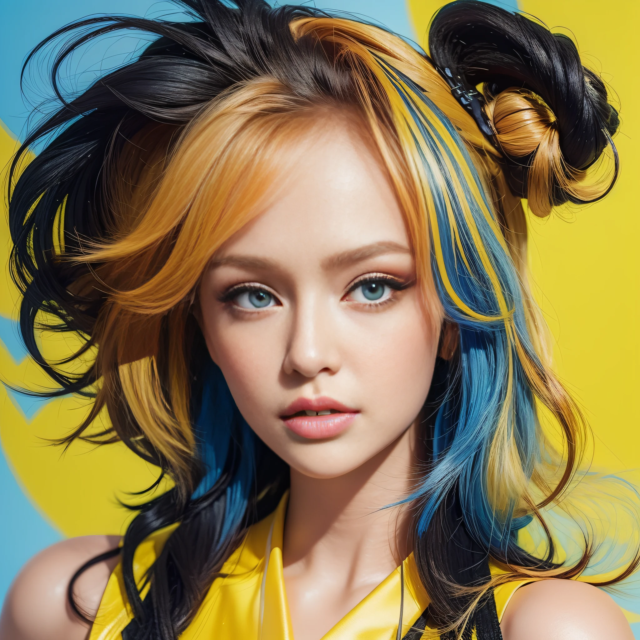 (masterpiece, best quality),a beautiful woman, lipstick, illustration, punk, cd cover art, (((blue and yellow))), portrait, blue background , yellow splashes, graffiti