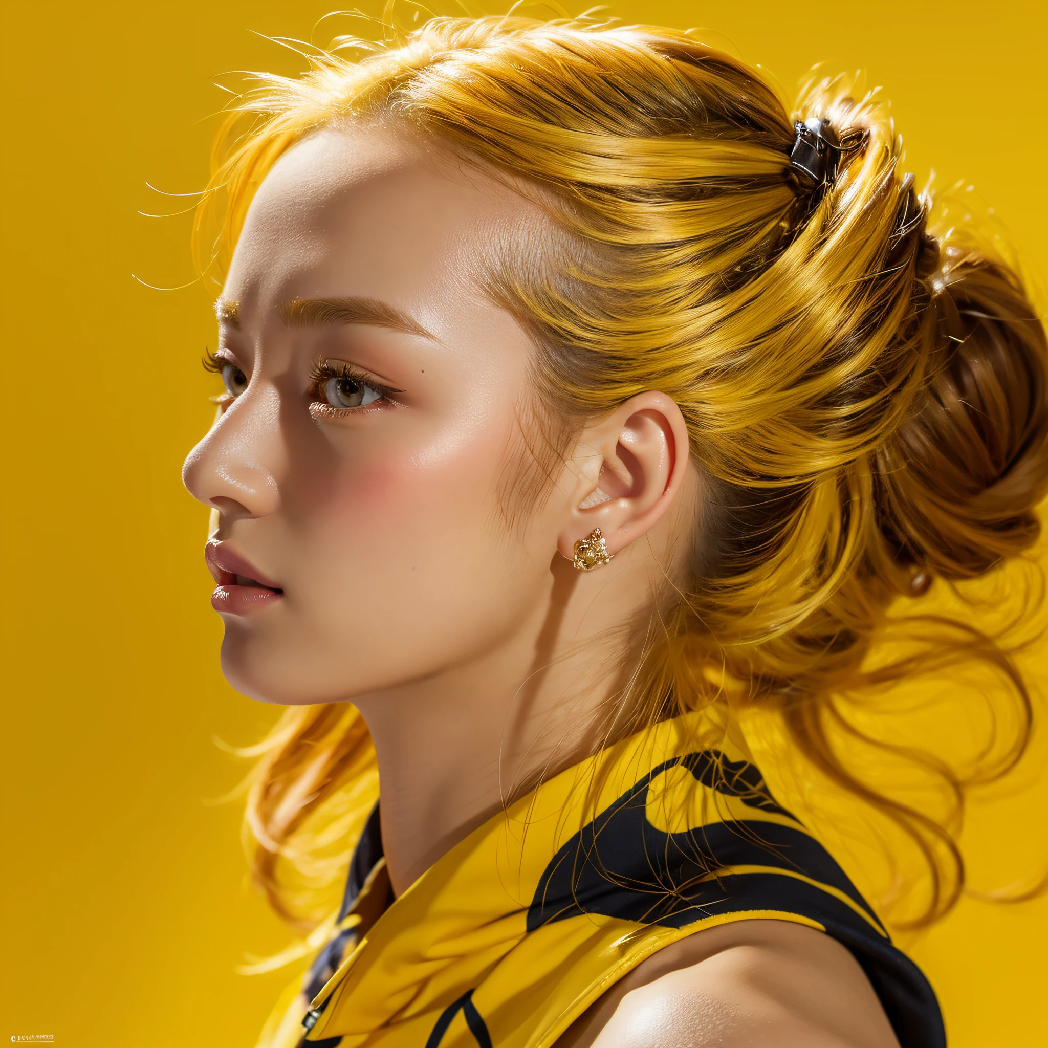 (masterpiece, best quality),a beautiful woman, lipstick, illustration, punk, cd cover art, (((blue and yellow))), portrait, blue background , yellow splashes, graffiti