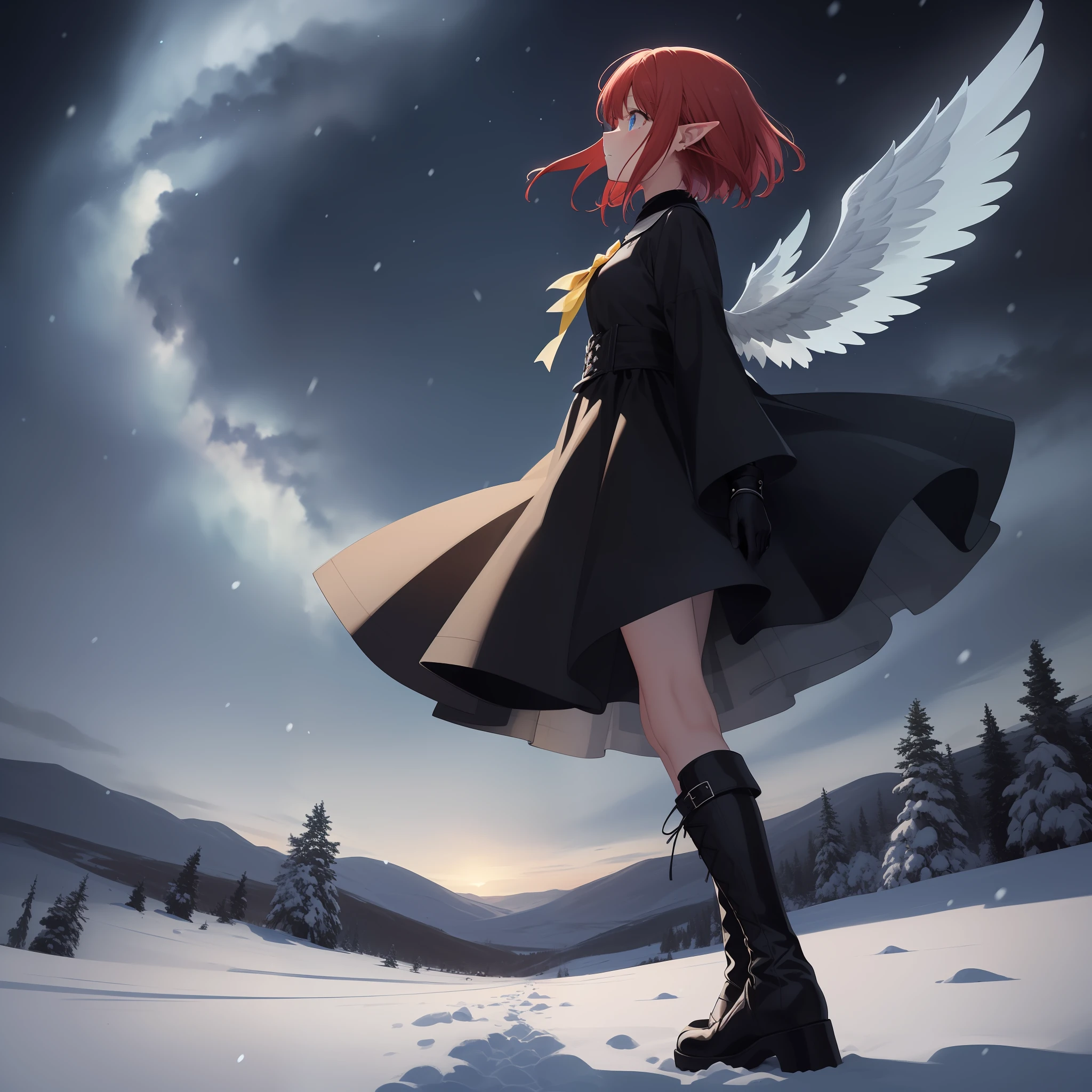 (巨作), (look_at_the_sky) (looking_up),  (the best quality), (Ultra-detailed), (Best Illustration), expansive landscape photograph , (a view from below that shows sky above and open field below), a girl standing on snow field looking up, looking_up, looking at the sky, al fresco, standing, complete body, Model, 1girls, Solo, ex-pression face, (sideview), from_side, (white wings of energy), tiny_tits, large wings, wings at the back, pointy_ears, red_head, (Short_cut), black long sleeve blouse with small white ribbon on the chest, Black dress, black grunge skirt with stripes, (Medieval Knight Gothic Style Gauntlets Function Gloves), (medieval knight style metal boots), odd eyes, Blue_eyes, Yellow_eyes, (アニメ), best_vaginal, detailed_backgrounds, milk galaxy, night sky, snowing, storm, mountains, (sombre), (red_head), medium_head, black_head, wind_effect, Short_cut