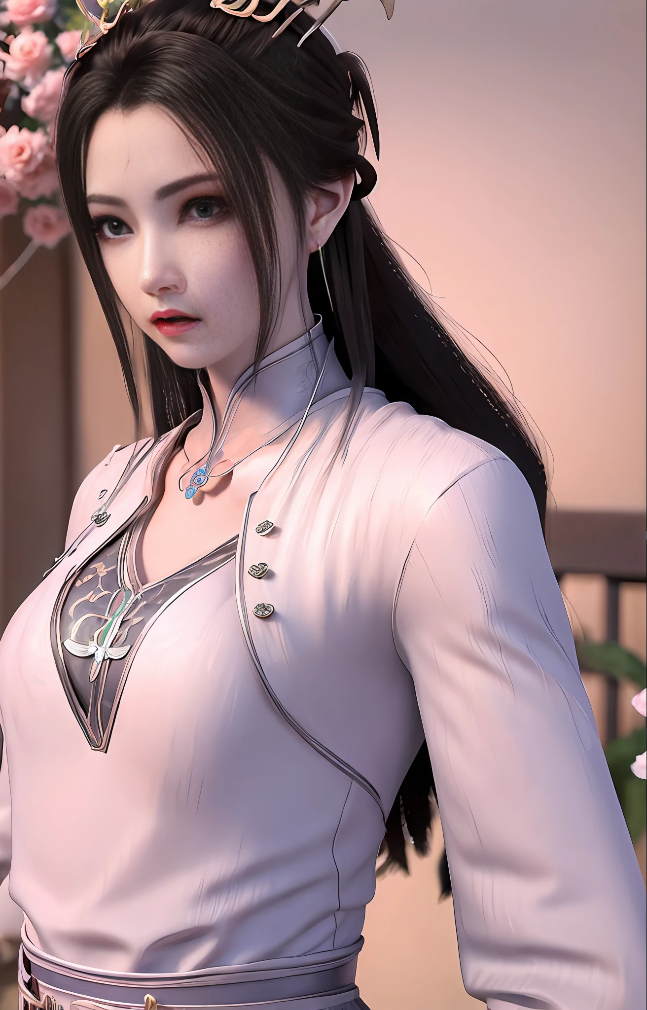 1girl, (upon body:1.3), hair ornament, necklace, jewelry, long hair, earrings, highres, hair ribbon,(Beautiful face:1.2),detailed beautiful eyes, skinny body,shiny skin,Slim waist,(8k_wallpaper), Intricate and refined delicate details,Chinese clothes,toned abs,detached sleeves,playboy bunny, flowers, bushes, roses, rose, pink,