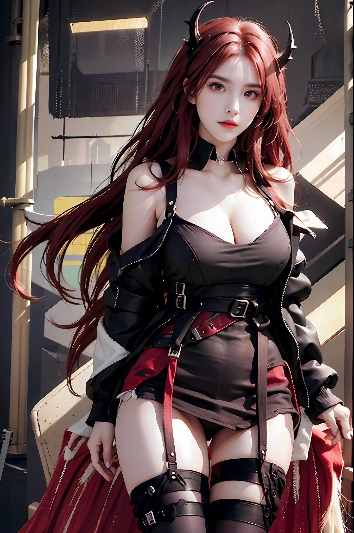photorealistic, high resolution, 1 girl, hips up, origen, serious, horn, long hair,red hair,purple eyes,off-the-shoulder jacket, black dress, black stocking