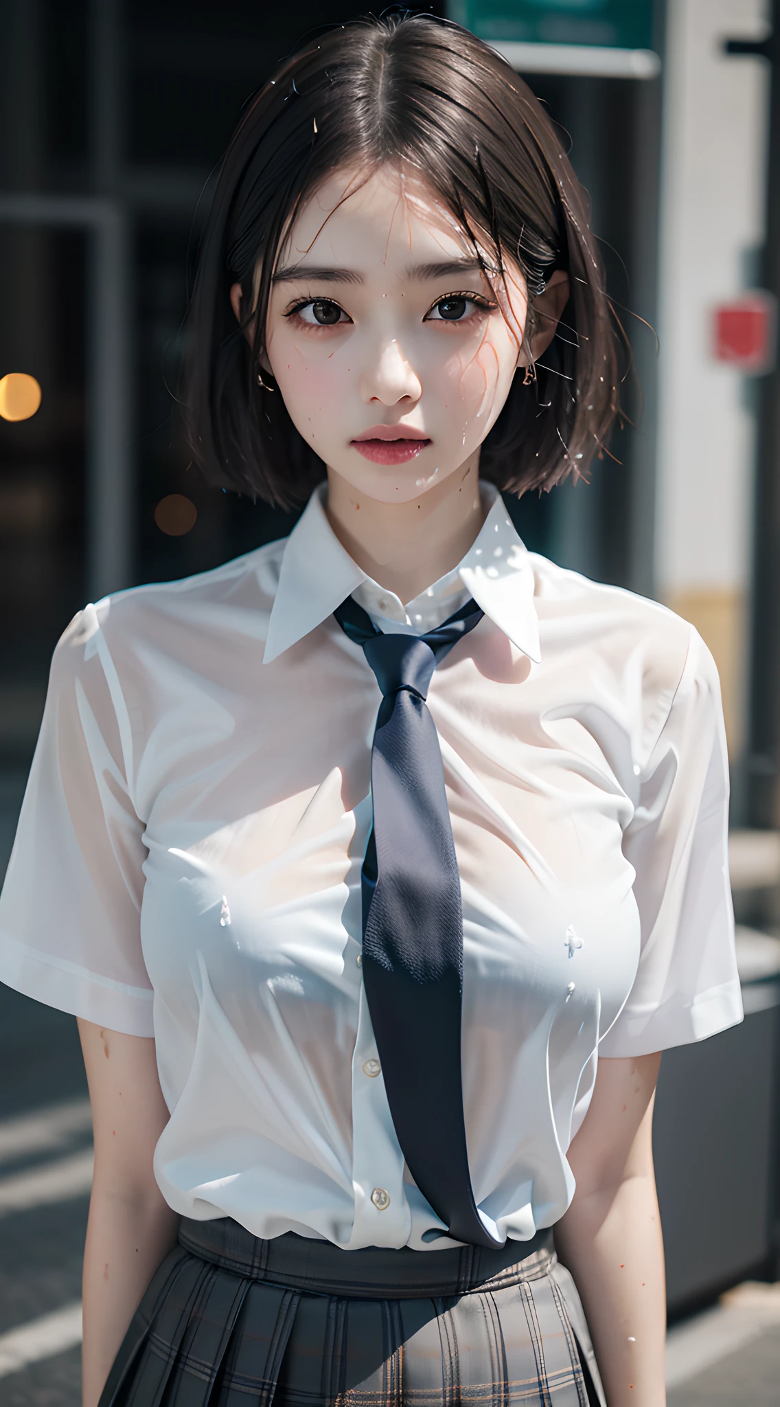 violaceaess, (gardeniass, rosaceaess:0.8), (masterpiece, best quality:1.4), delicate girl, beautiful short hair, close up, school uniform, white dress shirt, short sleeve, dark grey pleated plaid skirt, 8k, 50mm portrait, raw photo, absurdres, breasts focus, large breasts, thin arms, very thin waist, arch back, no makeup, worried, sophisticated, facelight, clear lighting, film grain, chromatic aberration, (dark red necktie:1.2), (wet shirt:1.3), street, bokeh, (simple background:1.2)