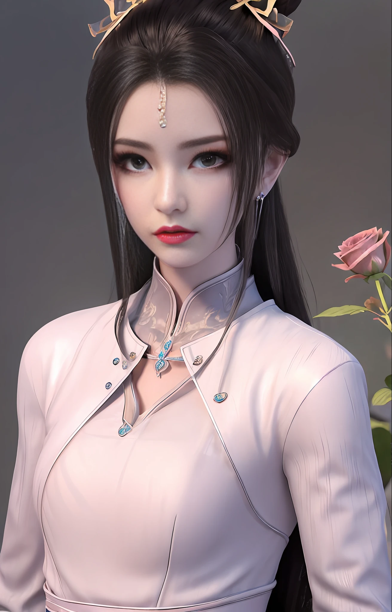 1girl, (upon body:1.3), hair ornament, necklace, jewelry, long hair, earrings, highres, hair ribbon,(Beautiful face:1.2),detailed beautiful eyes, skinny body,shiny skin,Slim waist,(8k_wallpaper), Intricate and refined delicate details,Chinese clothes,toned abs,detached sleeves,playboy bunny, flowers, bushes, roses, rose, pink,