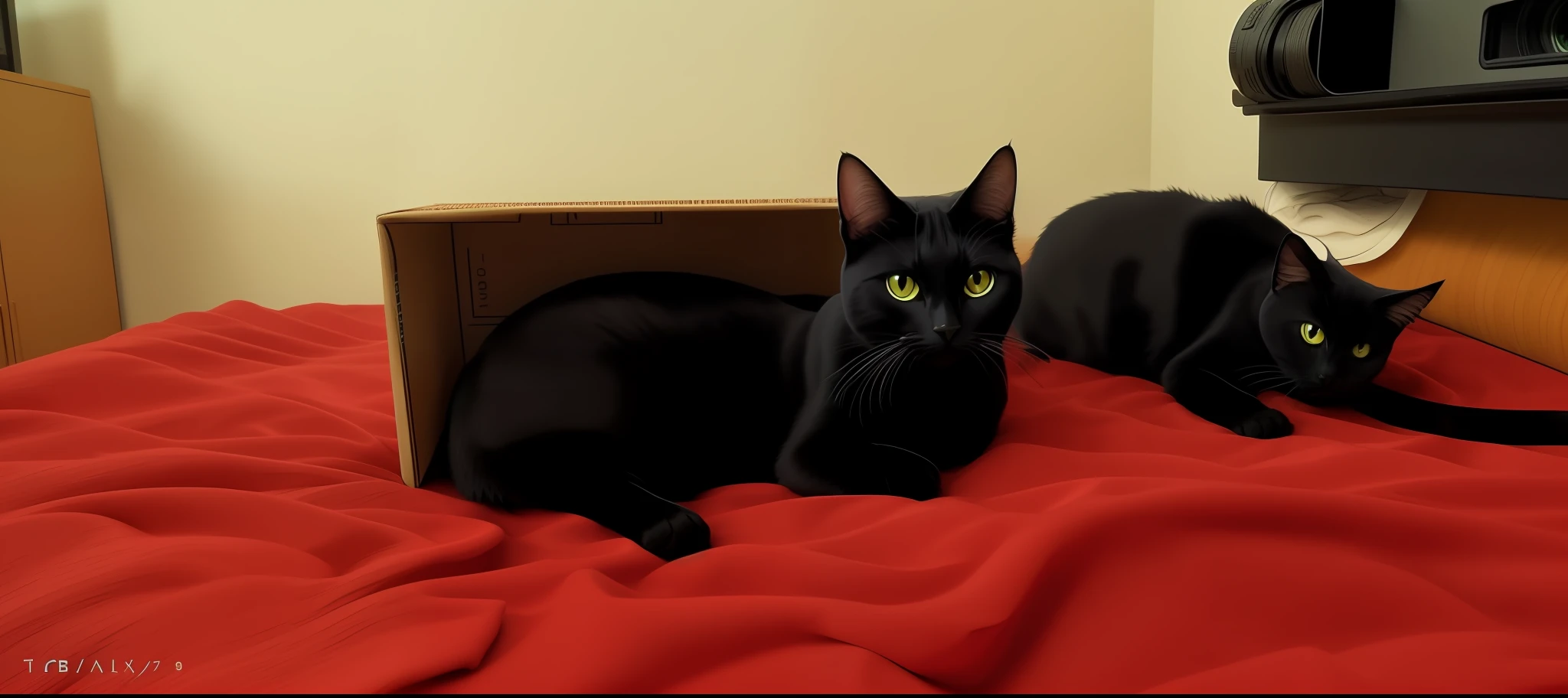 there is a black cat sitting in a box on a bed, Tomado com Sony Alpha 9, muito bonito, um bonito, envolto em preto, Looking towards the camera, caixa, gato sombrio debaixo da cama', sentada em sua cama, VantaBlack, preto, taken on a 2010s camera, gato dentro da caixa, estilo anime, foto de alta qualidade --auto