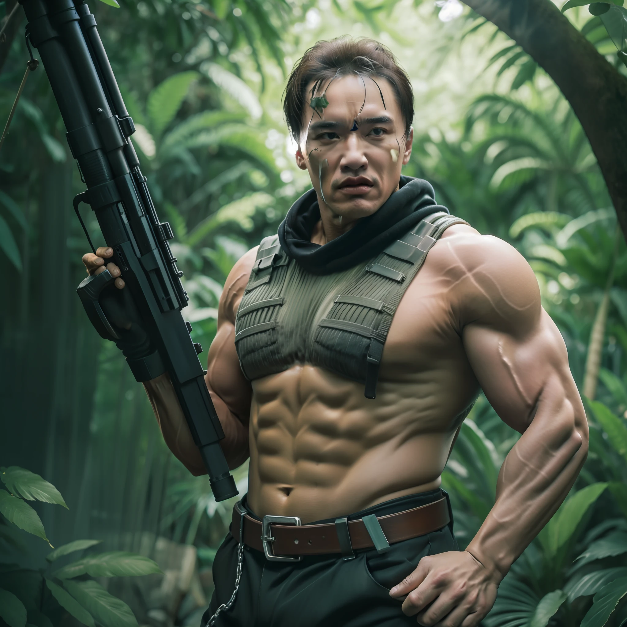 Masterpiece、mastaer piece、Top image quality、high reproducibility、flawless、8k、Arnold Schwarzenegger、Commando、Wearing sleeveless with strong muscles、Holding a huge machine gun in one hand、action pose、Rampage at an enemy base in the jungle