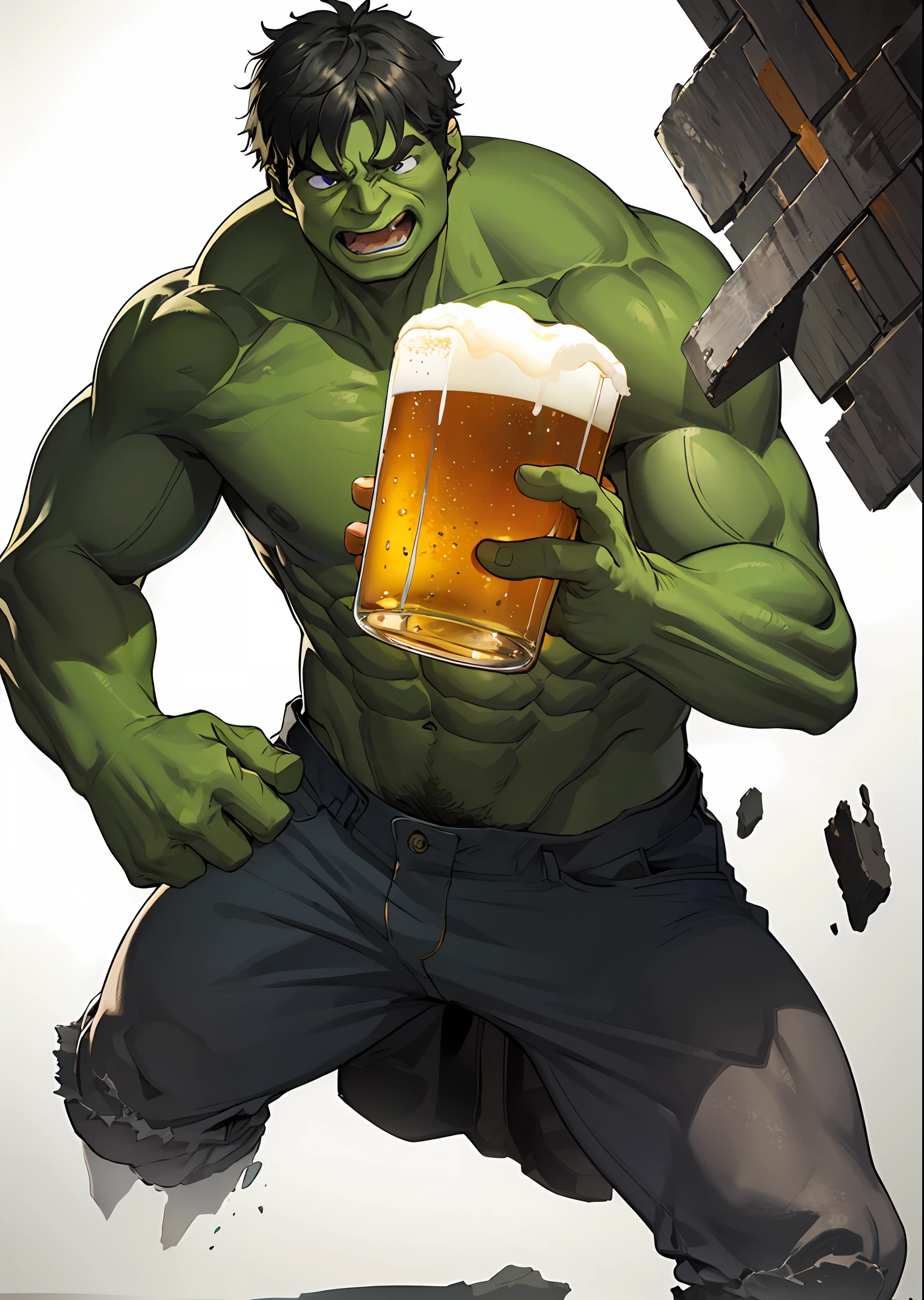 A grant piece of Hulk hand holding a big cup fresh beer peering out of a broken white wall oval shaped, highly detailed, high resolution, 8K art, isolated by white background