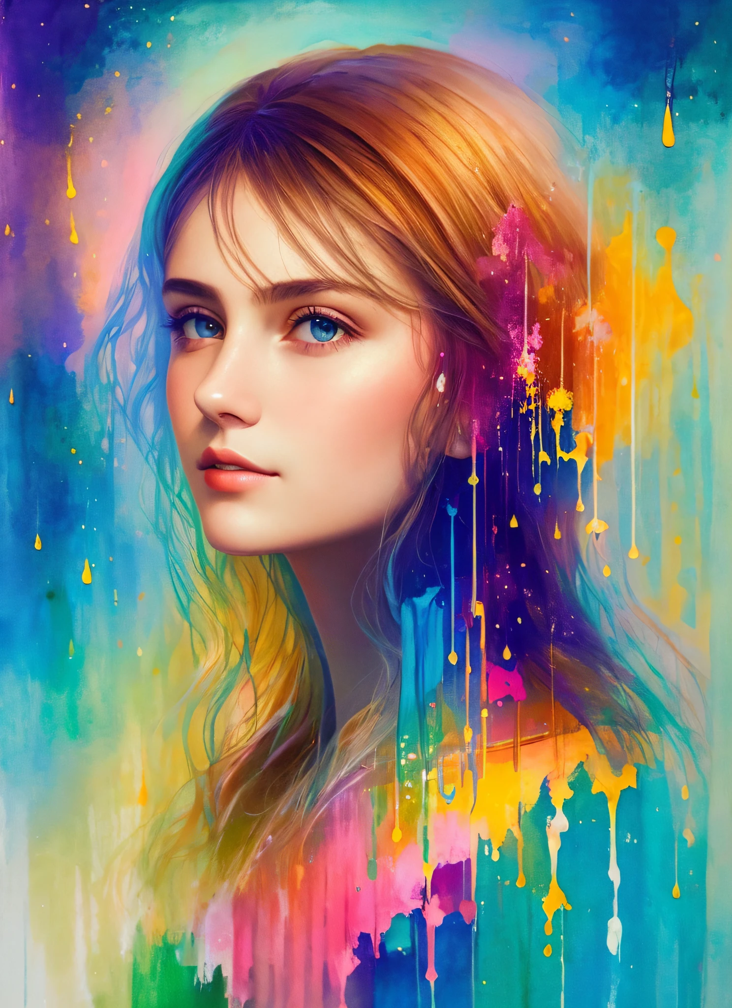 A woman from St. Cecilia, luminous design, pastel colors, paint drips, beautiful autumn lights
