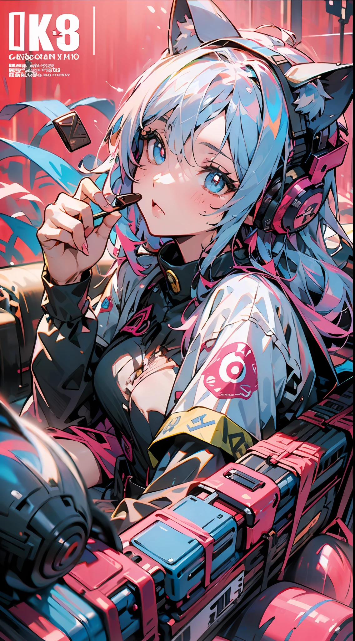(agirl), Long colored curly hair, Light red eyeshadow, To have moles, Delicate, beautiful and not blurred face, Black pupils, Blue eyes, White mink cropped leather jacket, There are tattoos on the back of the hands, With pink glowing cat ear headphones,Lie down on a sofa, Holding chocolate,shyexpression,There is a cute cat next to it,The room was piled with all kinds of manga magazines,There is Mario on the wall、Final Fantasy、Osaide and other game posters and PS game disc boxes,(Heavily detailed:1.3), Modern, Tonalism, Realism, Ray tracing, full bloom, projected inset, Footage looking down from above, 135mm, f/16, ultra high def, 巨作, ccurate, Textured skin, Super detail, 8K