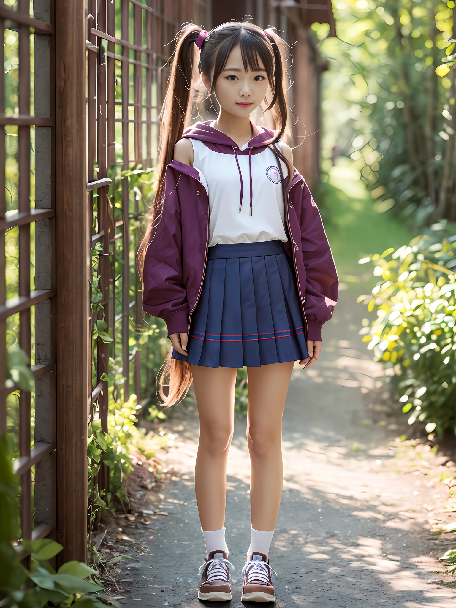 A masterpice、the best quality、Official art、extremely detailed CG Unity 8k wallpapers、extremly detailed、1girls、Whole human body、lawn、Hoodie、独奏、(Little、feet shoulder-width apart、You need to stand facing outwards about 30 degrees、spreading hands、Shorter、Whole human body、front facing、shoes、are standing、twintails、Vermilion hair、Very young、Unripe:1.2)、comely、a Pretty、a Pretty、Charming、comely、seethru school uniform、skirts、Brown-eyed、length hair、Floating hair、smalll breasts、blushful、hair ornament、、natural lights、Back lighting、Facial light、looking at the viewers、