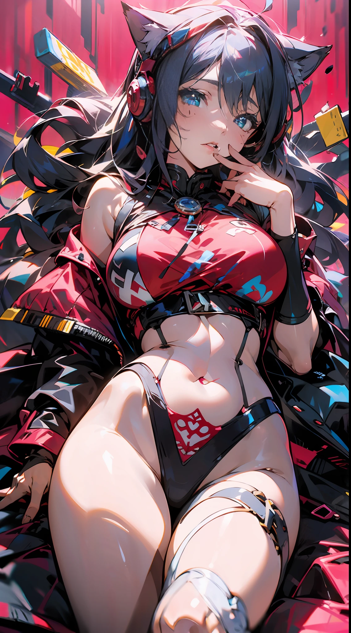 (agirl), Long colored curly hair, Light red eyeshadow, To have moles, Delicate, beautiful and not blurred face, Black pupils, Blue eyes, White mink cropped leather jacket, There are tattoos on the back of the hands, With pink glowing cat ear headphones,Lie down on a sofa, Holding chocolate,shyexpression,There is a cute cat next to it,The room was piled with all kinds of manga magazines,There is Mario on the wall、Final Fantasy、Osaide and other game posters and PS game disc boxes,(Heavily detailed:1.3), Modern, Tonalism, Realism, Ray tracing, full bloom, projected inset, Footage looking down from above, 135mm, f/16, ultra high def, 巨作, ccurate, Textured skin, Super detail, 8K