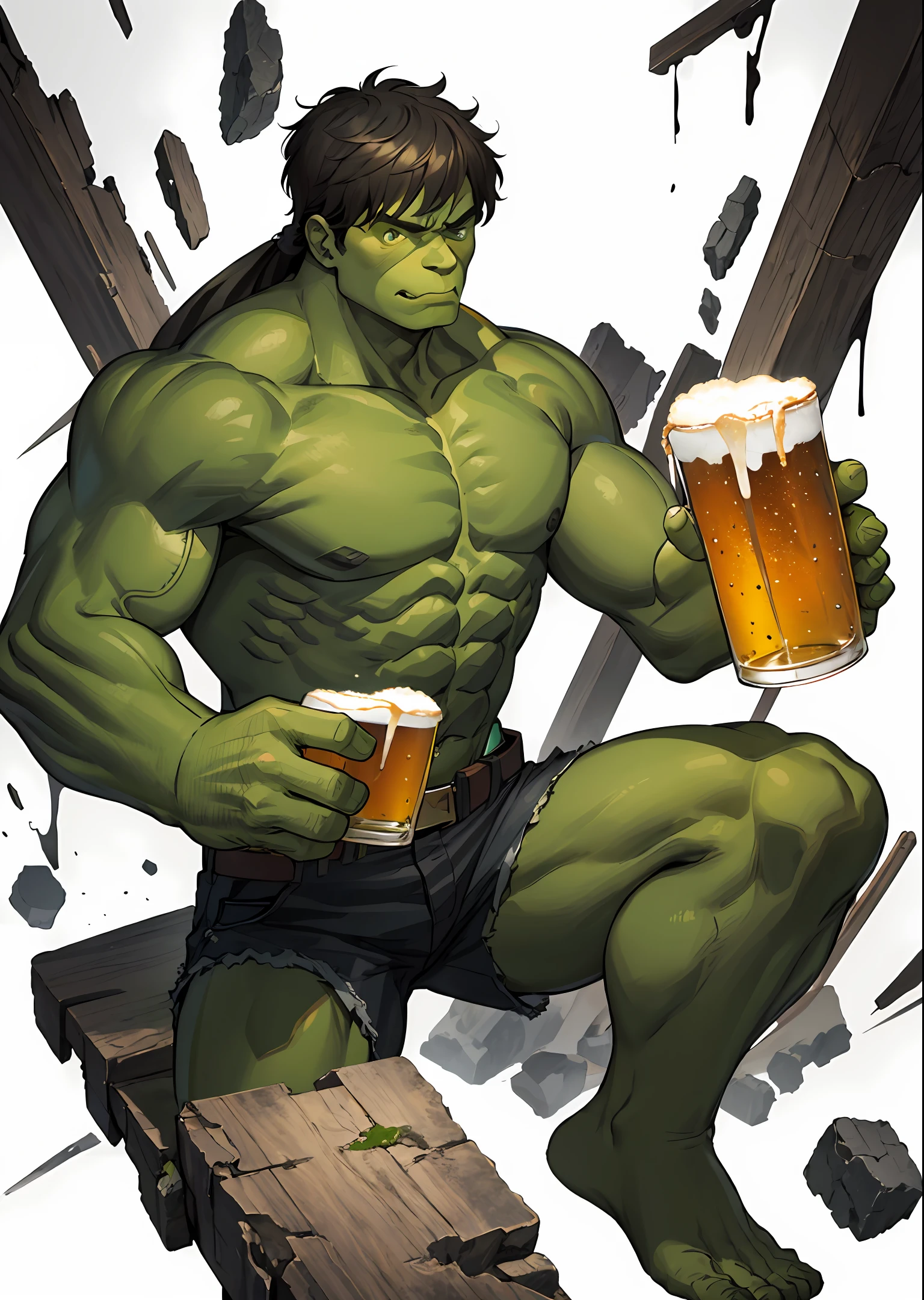 A grant piece of Hulk hand holding a big cup fresh beer peering out of a broken white wall oval shaped, highly detailed, high resolution, 8K art, isolated by white background