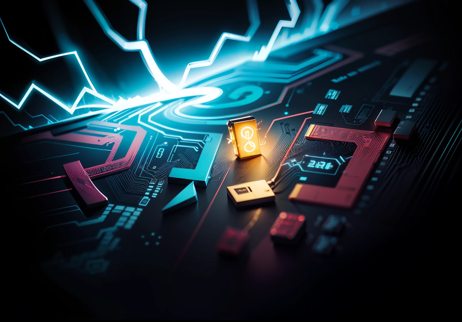 This is a colorful glowing mark.。Made of semiconductors。The background is covered with a lot of cables.。Electricity is running and glowing。IC chip is embedded。