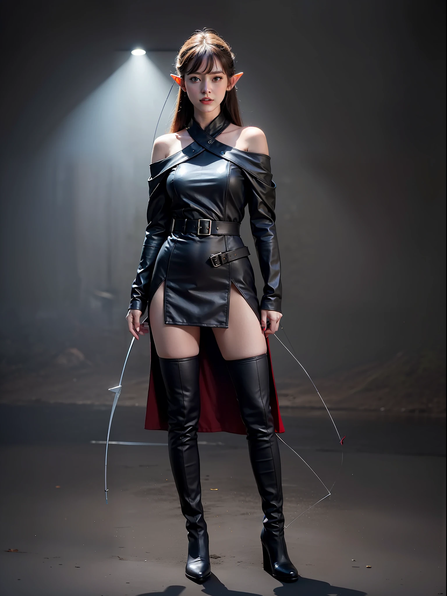 Best quality, masterpiece, ultra high res, (photorealistic:1.4), raw photo, 1girl, offshoulder, in the dark, deep shadow, low key, cold light, blue eyes, elf ears, black long hair, bangs, leather fantasy clothes, elf girl, big bust, cute face, full body, medieval , (((full body))), silver details, archer, medirva, clothes, detailed face, boots, ((archer (bow))), leather armor, furr coat,