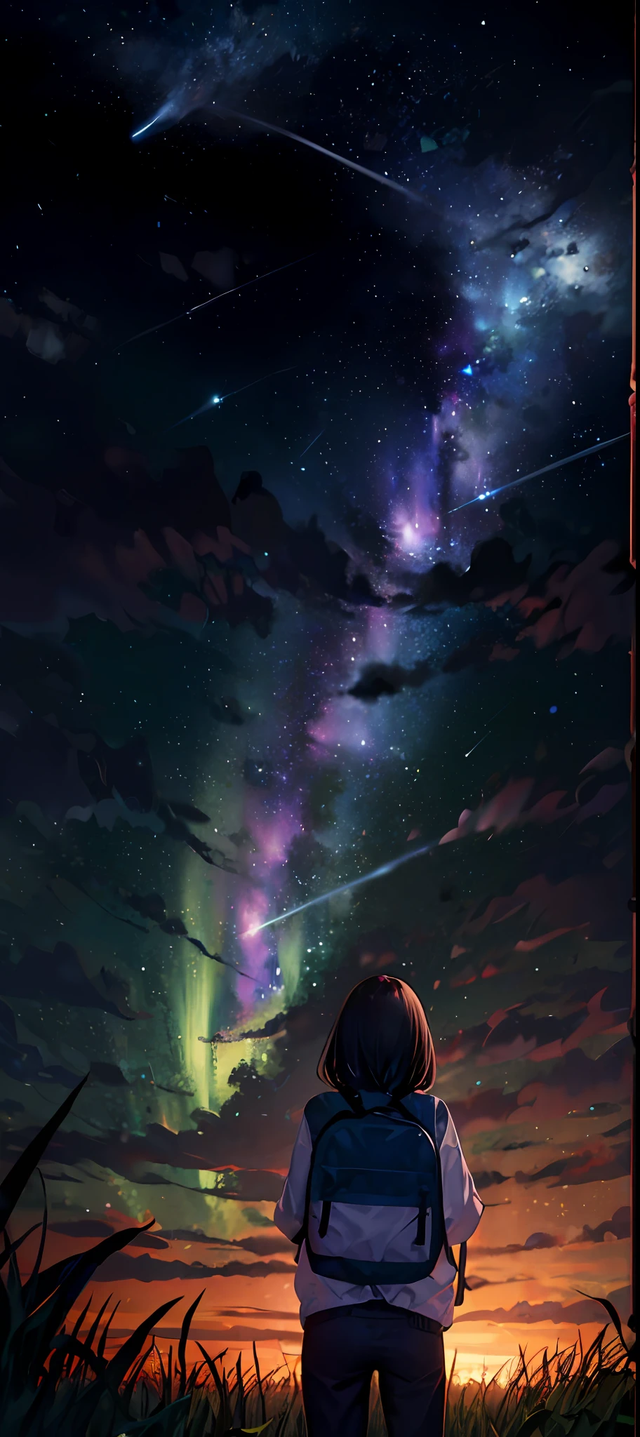1girl,A girl from afar wearing a shirt and trousers carrying a backpack,(zoomout:1.1),(meteor shower:1.2),(comets:1.ur name,low-angle,From behind,aurora borealis,Meteor,standing in a field,the best quality,masterpaintings,the clouds,Colorful,Starry,As estrelas,