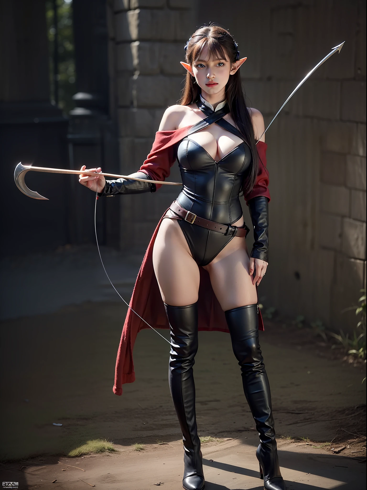 Best quality, masterpiece, ultra high res, (photorealistic:1.4), raw photo, 1girl, offshoulder, in the dark, deep shadow, low key, cold light, blue eyes, elf ears, black long hair, bangs, leather fantasy clothes, elf girl, big bust, cute face, full body, medieval , (((full body))), silver details, archer, medirva, clothes, detailed face, boots, ((archer (bow))), leather armor, furr coat,
