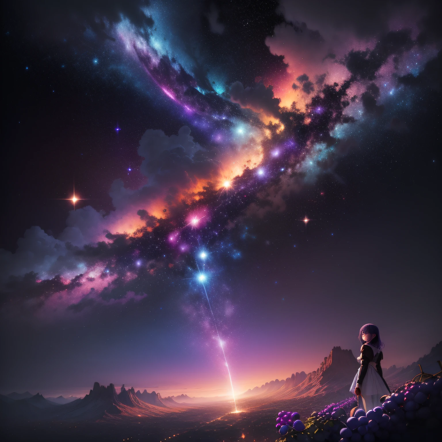 (extremely detailed CG unity 8k wallpaper,masterpiece, best quality, ultra-detailed),(best illumination, best shadow, an extremely delicate and beautiful), floating, colorful galaxy, dynamic pose, (1girl), purple eyes, (black hair, grape purple hair:1.3, light pink hair:1.2, starry galaxy hair:1.5), celestial armor, starry background, cosmic dust, nebulas, galaxy clusters, Volumetric light.