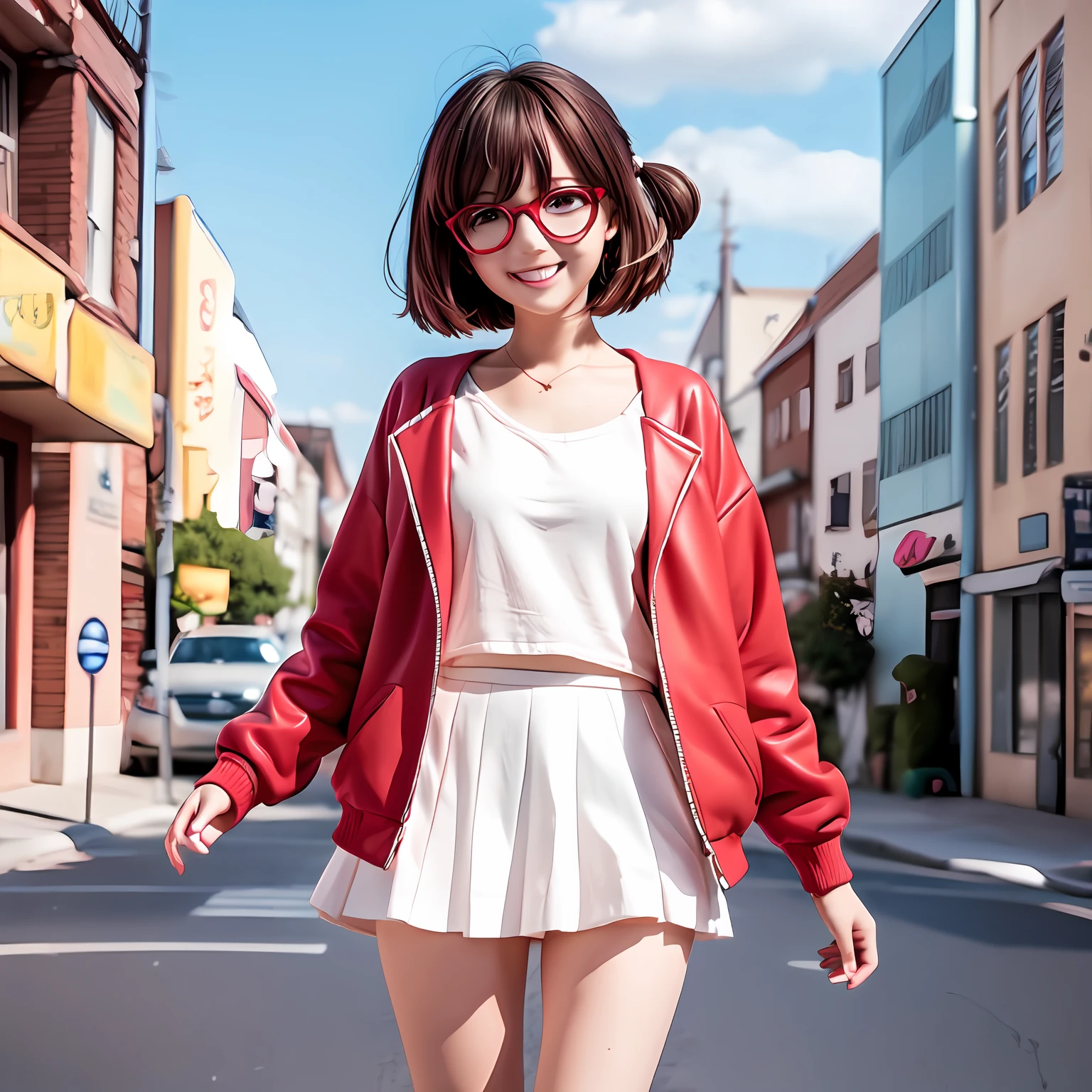 anime girl in a red jacket and white skirt standing in a street, cute art style, urban girl fanart, short hair, glasses, cute smile, loish art style, anime style character, stylized anime, in the art style of 8 0 s anime, anime art style, 8 0 s anime art style, clean detailed anime style, clean artstyle, in an anime style, 2 d anime style