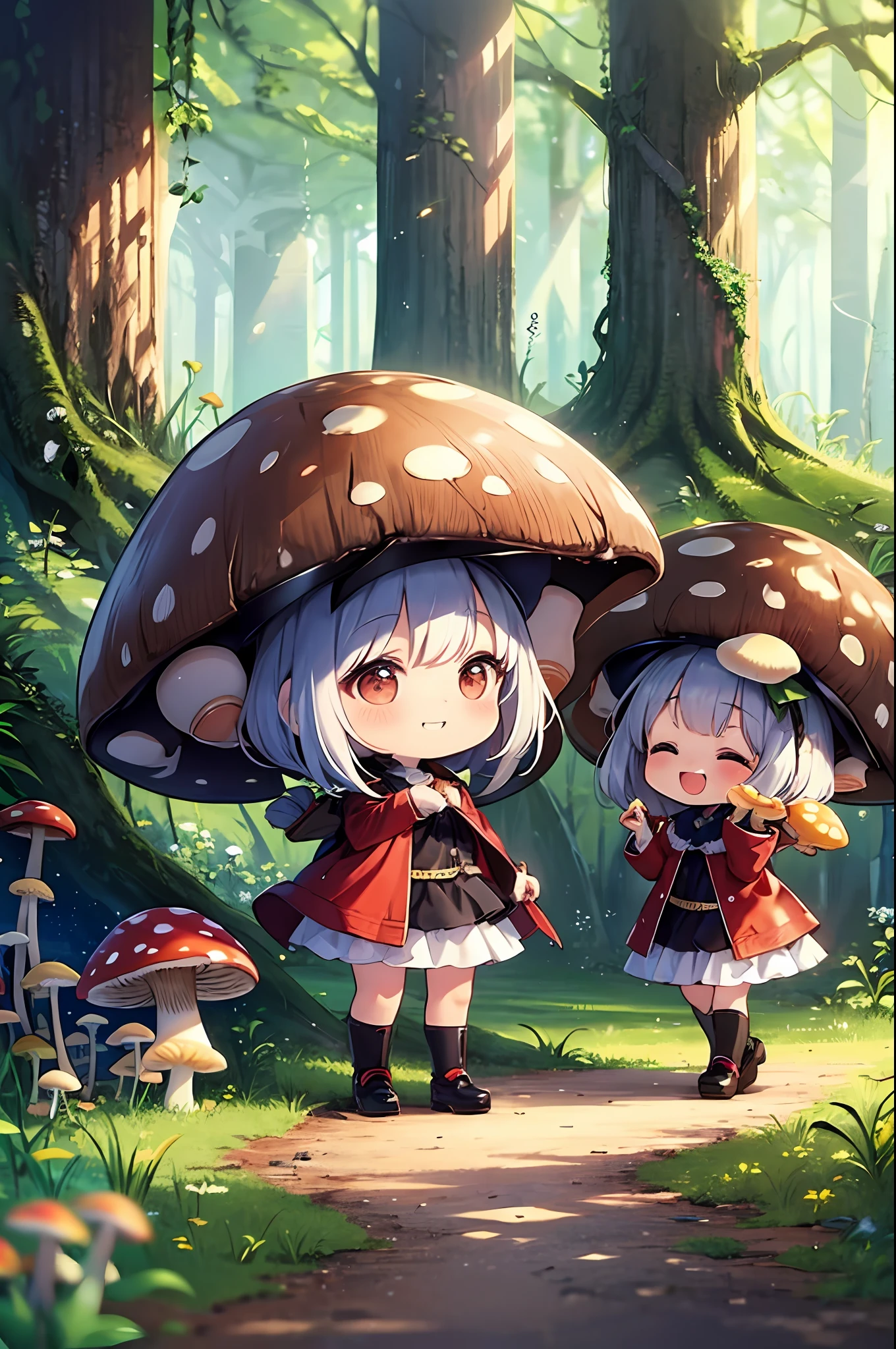 (Chibi: 1.3), happy, Whole human body, a woods, (mushroom:1.1), Mushrooms that grew on the head,
