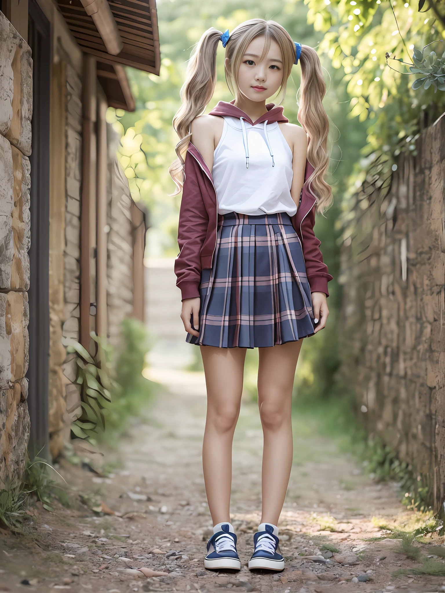A masterpice、the best quality、Official art、extremely detailed CG Unity 8k wallpapers、extremly detailed、1girls、Whole human body、lawn、Hoodie、独奏、(Little、feet shoulder-width apart、You need to stand facing outwards about 30 degrees、Standing with hands on his hip、Whole human body、front facing、shoes、are standing、twintails、Vermilion hair、Very young、Unripe:1.2)、comely、a Pretty、a Pretty、Charming、comely、seethru school uniform、skirts、Brown-eyed、length hair、Floating hair、smalll breasts、blushful、hair ornament、、natural lights、Back lighting、Facial light、looking at the viewers、