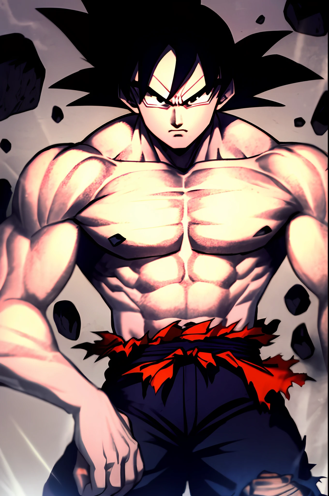 son goku, 1boy, closed mouth, male focus, muscular, muscular male, rock, sash, serious, solo, spiked hair, topless male, torn clothes, ultra instinct, black eyes, black hair, ((masterpiece))