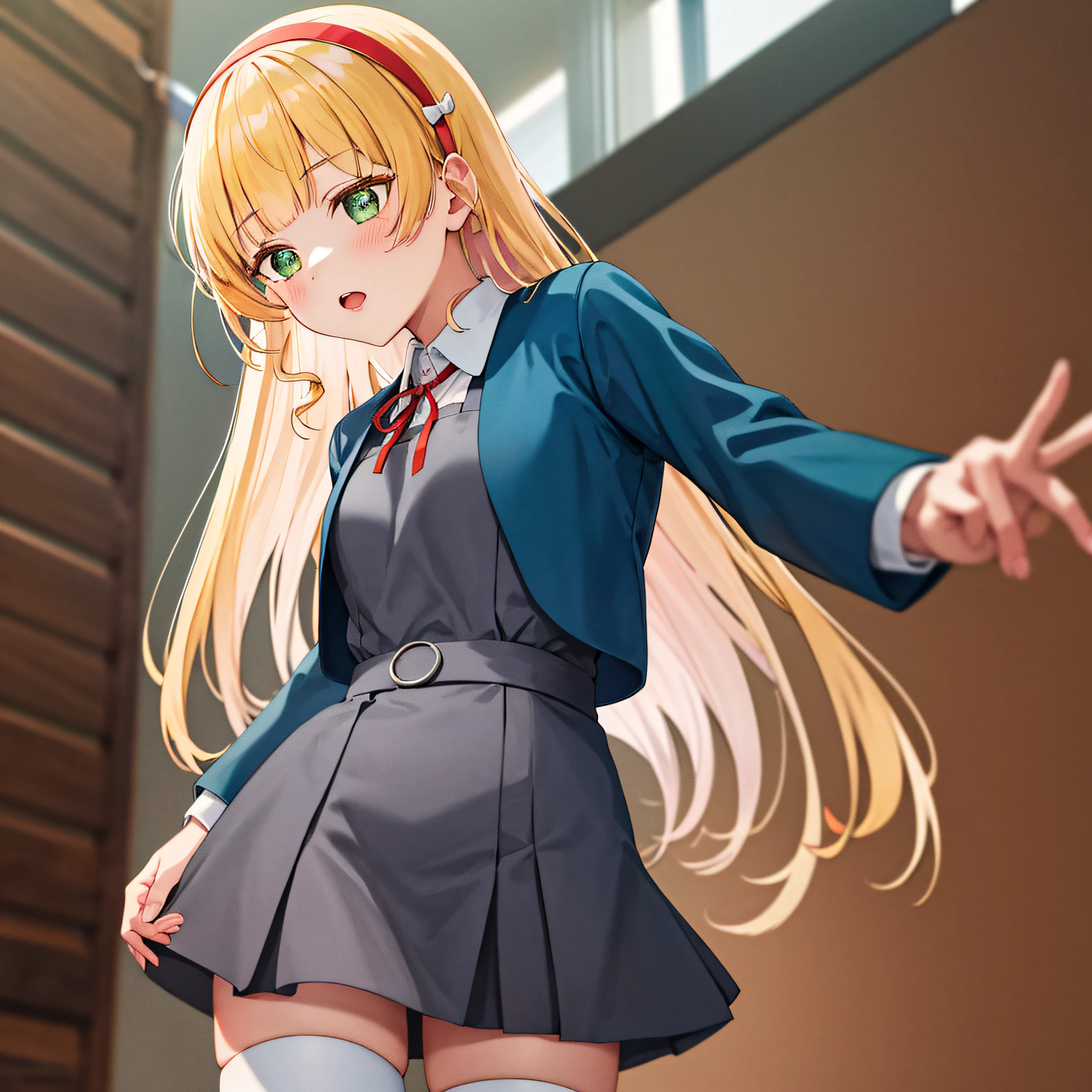 masterpiece, best quality, highres, sumire1,1girl, hairband, long hair, 1girl, solo, white thighhighs, school uniform, red ribbon, neck ribbon, grey dress, blue jacket, open jacket, blunt bangs, pinafore dress, white shirt, long sleeves, collared shirt, medium breasts, standing, cowboy shot,