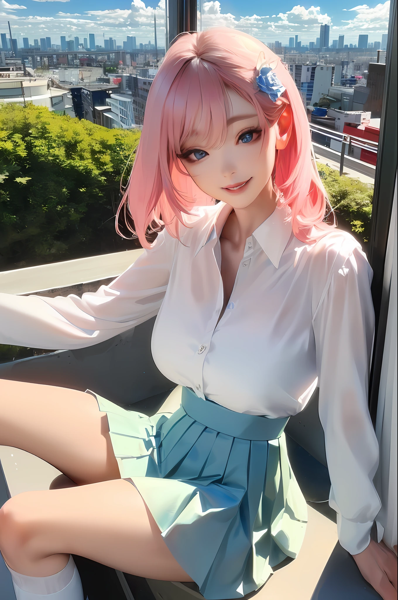 official art, masterpiece, sharp focus, (beautiful gorgeous cute Korean woman:1.3), (beautiful cute korean:1.3), korean beauty, Delicate and beautiful hair and eyes and face, realistic, ultra detailed, beautiful girl, blue sky, glow white particle, (sidelighting:1.2), sun light, white cloud, detailed clouds, slender, Lovely very large breasts and very large hips, smile with teeth, ((smile with eyes, open both eyes)), scenery, long straight hair, sexy facial expression, building, (cityscape:1.7), dynamic hair, long straight hair, detailed platinum pink hair, glow blue eyes, (blue pleated shirts + white skirt), white long socks, pale skin, hair ornament, epic scenery,