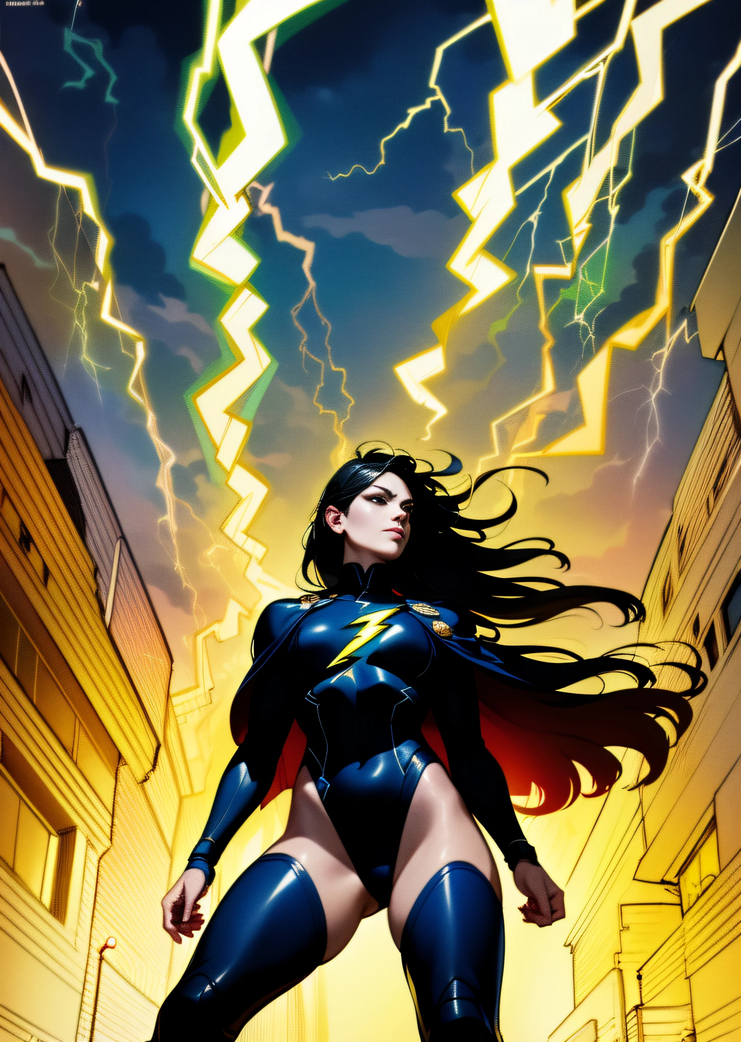 (inked original-art:1.2), (lineart:1.33), detailed face, best quality, masterwork, thick outlines, comic, 1girl, superhero, long hair, black hair, hair blowing in wind, thigh boots, white trim, blue leotard, long sleeves, long sleeved leotard, cape, (lightning:1.3), thunderbolt, storm, city background, from below