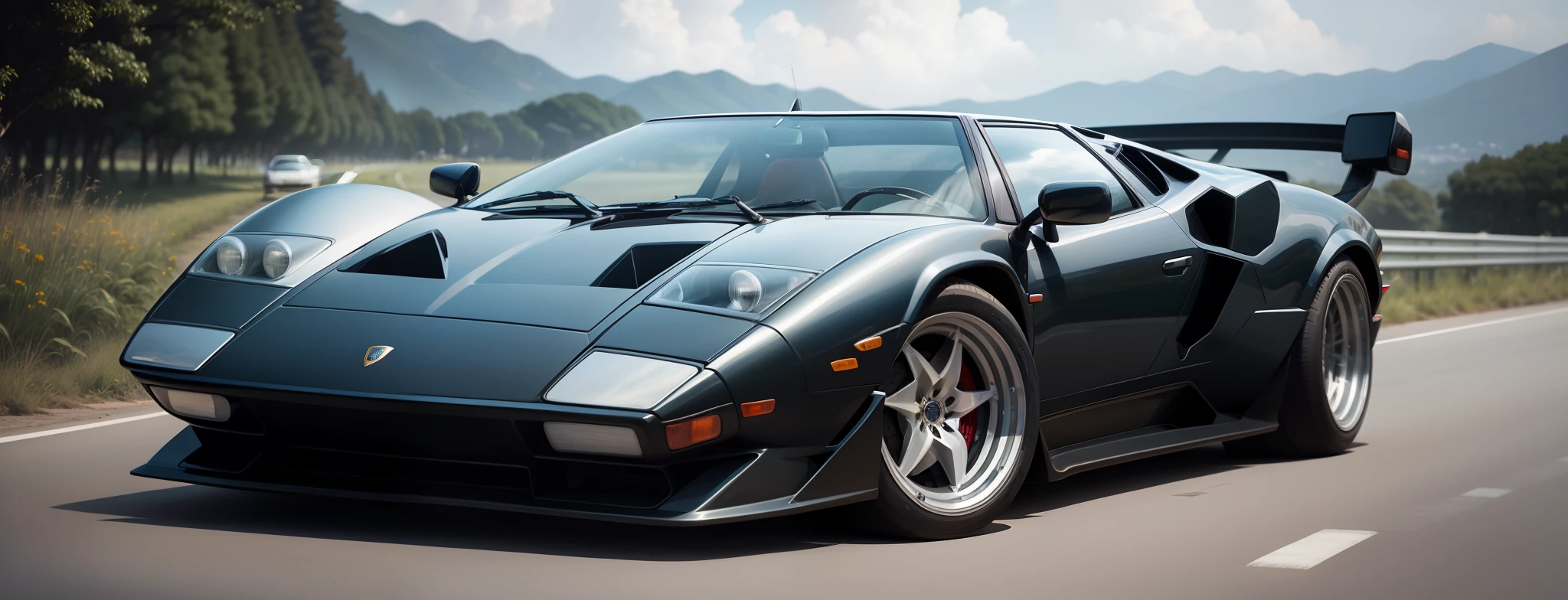 Close up portrait of blue sports car driving on the road, miura, miura kentaro style, lamborghini, de tomaso, bold lamborghini style, pantera ((countach)), giorgetto giugiaro, countach, lamborghini countach, sportcar, sportcar, with sleek lines and a powerful, supercar, Inspired by Kentaro Miura --auto