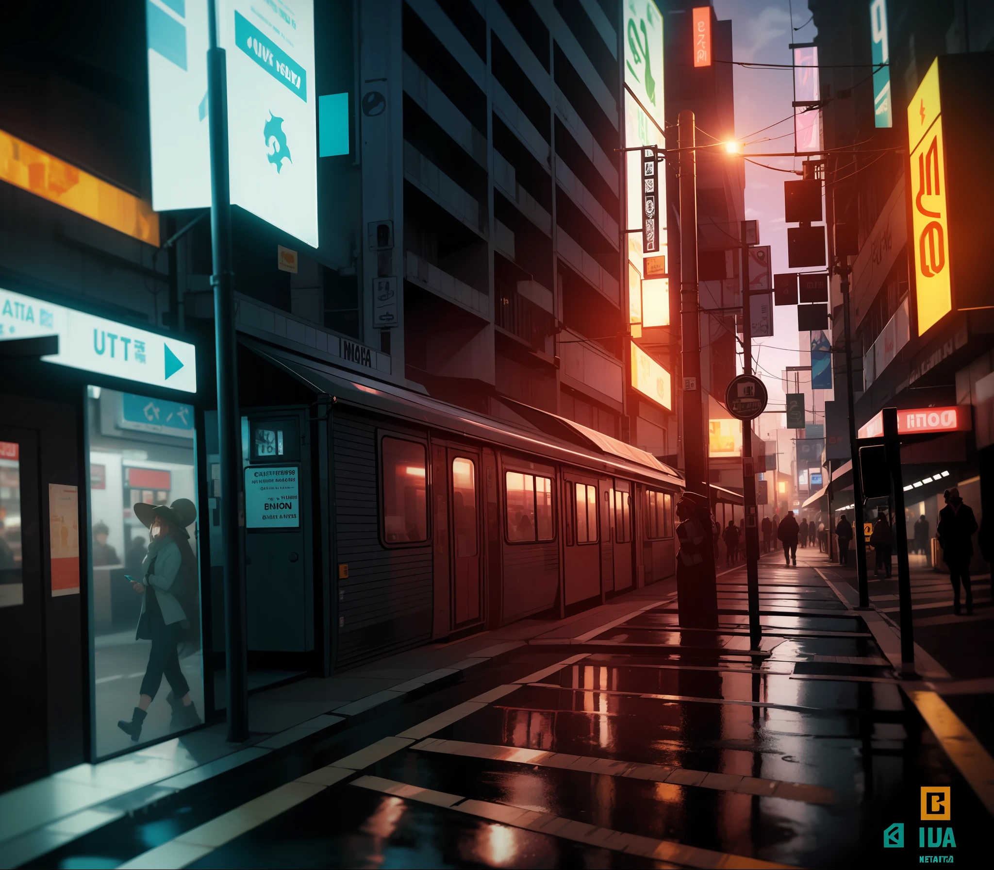 Rio de janeiro, bandeira do Brasil na cidade, Cyberpunk city from the science fiction film, rua cheia, bem a noite, Rio de janeiro Buildings, There is a colorful subway passing in motion, loja antiga, irregular, luzes coloridas da cor azul, marinho, laranja e vermelho saindo de iluminarias e postes de luz. Kitsune heads around town, placas de circuito, fios, intrincado, super detalhado, realista, pessoas e cachorros pela rua, estrutura e arquitetura  do Rio de Janeiro, Brazil. alta qualidade, melhor, super detalhe, detalhe maluco, muito detalhado, fotorrealista, Epic composition, melhor qualidade, dimension and sharpness for Instagram 32k storyes -