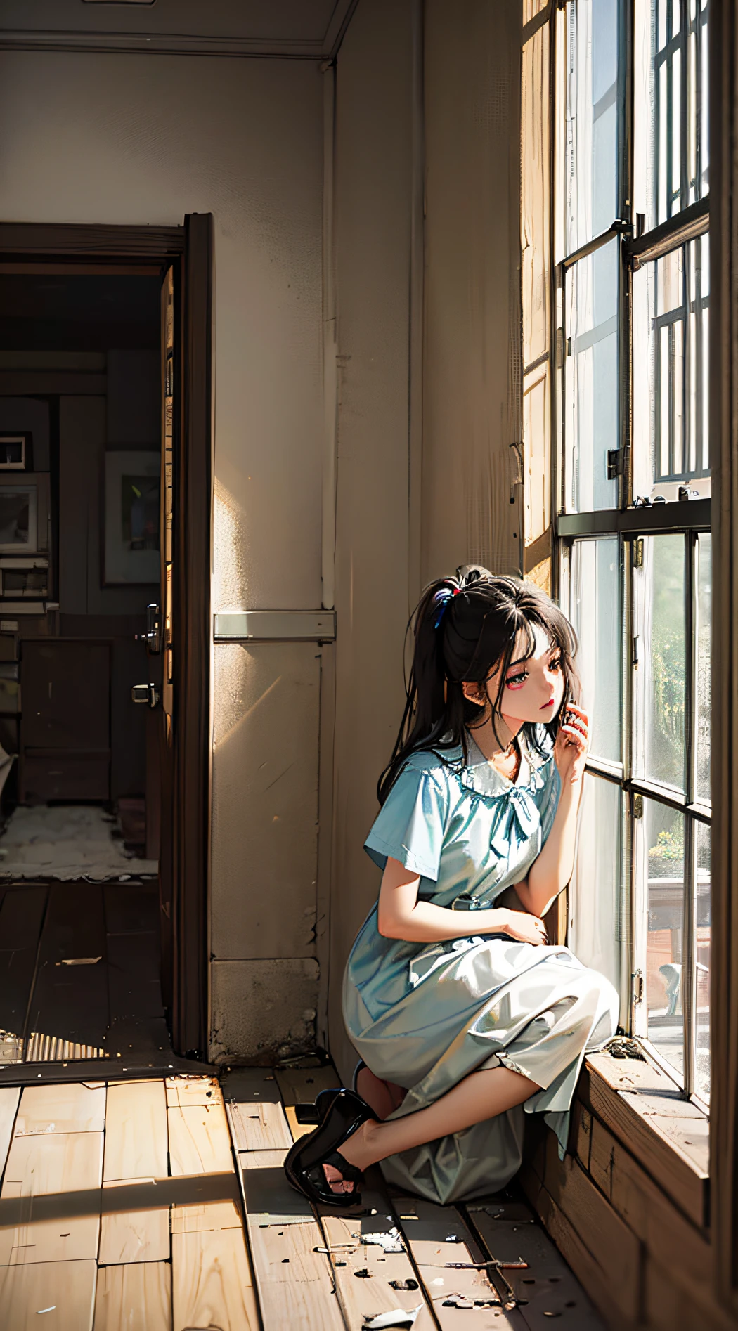 Locked up in the house，Young girls，Eyes，hopelessness，helpless，Dim Room，crack，Faint light，disheveled hair，Tired expression，Shabby dress，，Damp smell、captivity，escura