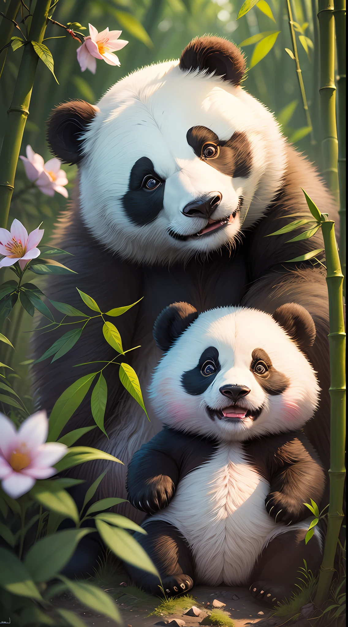 pandas,giant panda,lovly,Smile with,ren,prette,Ultra-fine fur,Fluffy hair,bamboo forest background,Giant pandas and a panda,(bird’s eye view:1.3),intrincadamente detalhado,centerd,Face sideways,spring time, Morning, light beam, blossoms, (complexdetails:1.12), hdr, (complexdetails, superdetailed:1.15), (Cinematic look:1.4), 8K,Virtual Engine,octaneratingrendering,ultra high def,Ultra photo realsisim,soothing tones, crazy detail, Complicated details, superdetailed, low-contrast, Soft cinematic light, dim colors, exposure blend, hdr