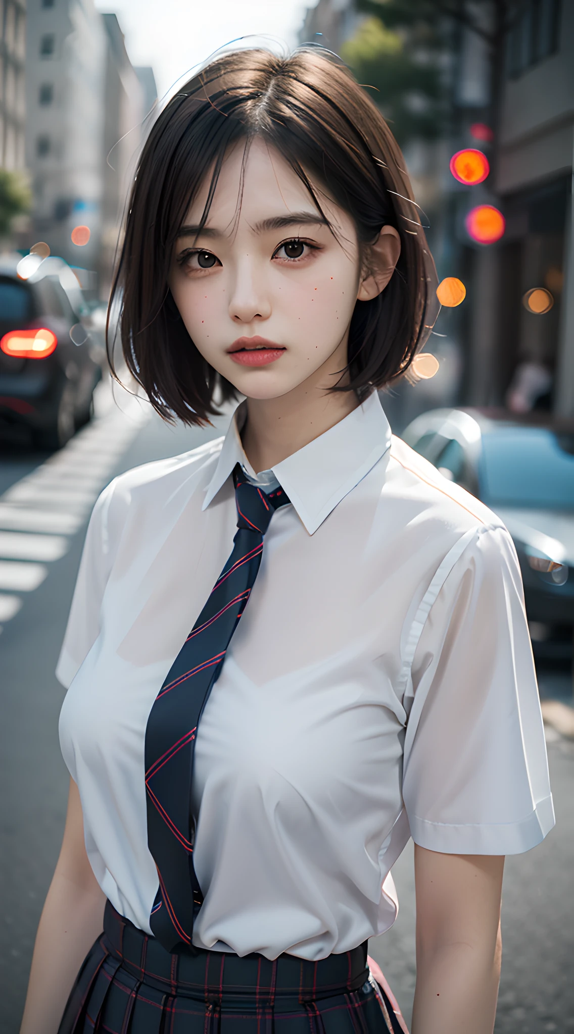 violaceaess, gardeniass, rosaceaess, (masterpiece, best quality:1.4), delicate girl, beautiful short hair, close up, school uniform, white dress shirt, short sleeve, dark grey pleated plaid skirt, 8k, 50mm portrait, 18yo, raw photo, absurdres, breasts focus, large breasts, thin arms, very thin waist, arch back, no makeup, worried, sophisticated, facelight, clear lighting, film grain, chromatic aberration, (dark red necktie:1.2), (wet shirt:1.2), street, bokeh, (simple background:1.2)