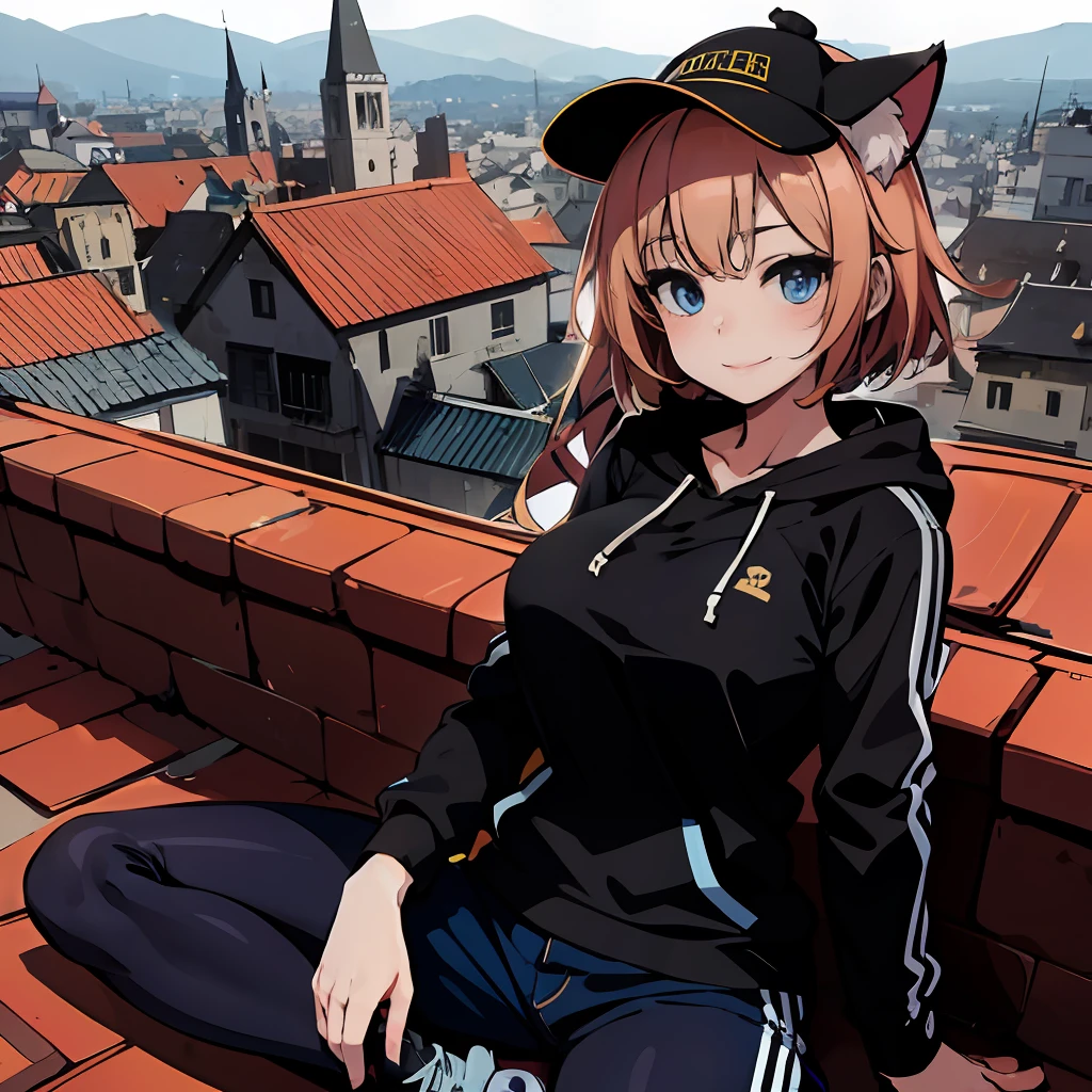 (Maste Piece:1.2), , Best texture, 1girl in, Solo, boobs loli, Orange hair, Short hair, (Black Baseball Cap:1.1), (Cat ears,:1.1), Detailed face, Blue eyes, mild smile, Stranger, BREAK
best quality, gray hoodie, a large breast,Lotus Position, sitting on european roof, Black Hot Pants, orange trainers, break
(super detailed:1.2), absurdres absolutely resolution, european house, european townscape, roof, Scenery,