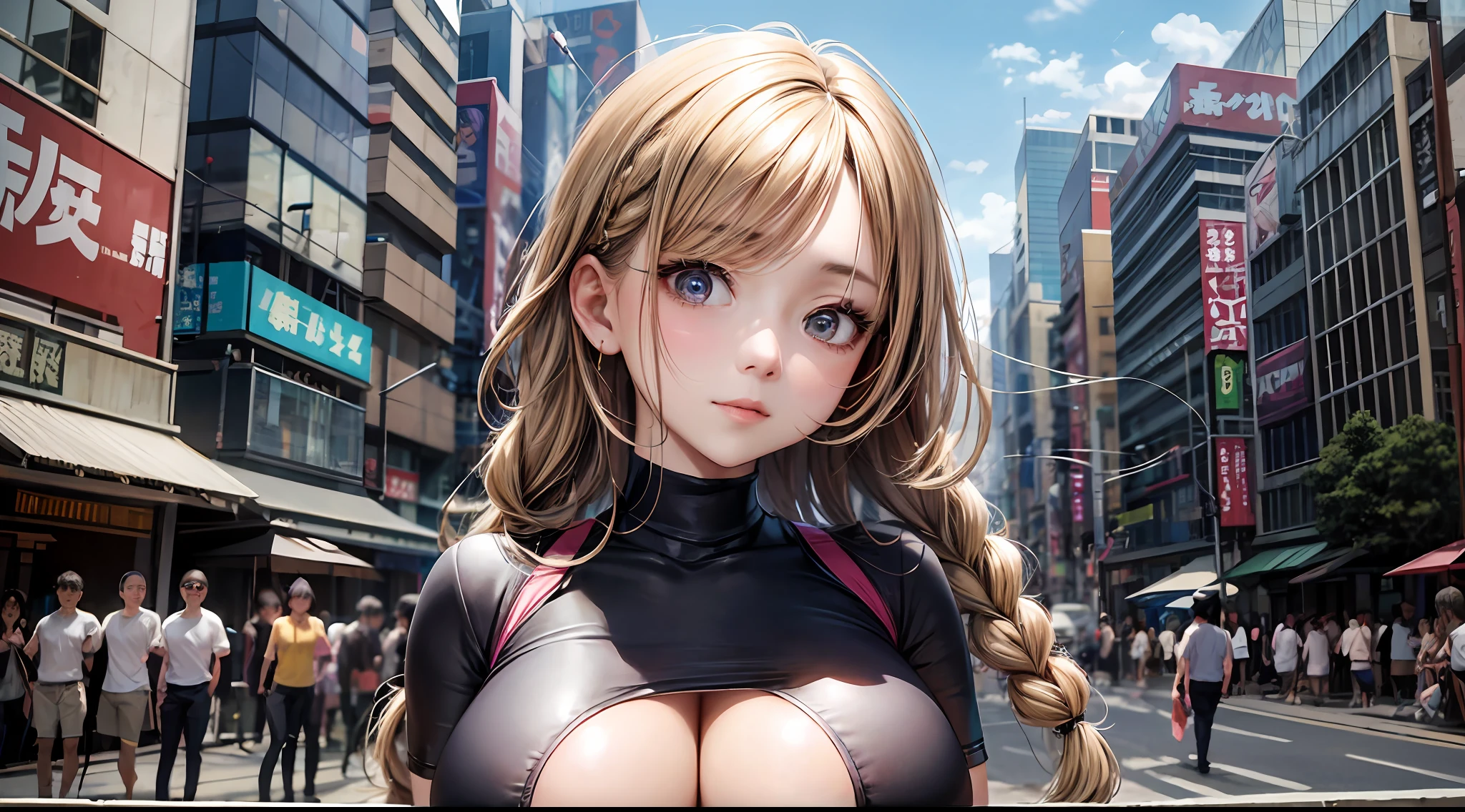 (chainsawman、Makima)、Brown skin、School swim wear、(Orange braid)、Young、Cute、a beautifulchi girl、Perfect style、HugeBoobs、Emphasizes cleavage、deadpan、Realstic、Realistic、8k、Heavily detailed、Best quality、Top image quality、ultra-high-resolution、A masterpice、only girl、(The background is the city of Akihabara in Japan)、