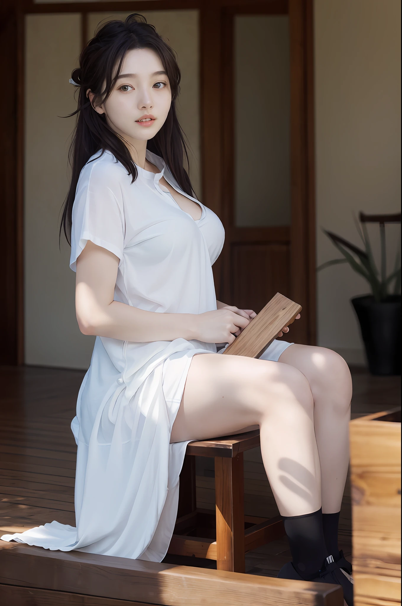 clothed、(Photo Real:1.4)、(hiper realistic:1.4)、(Realstic:1.3)、
(Smoother lighting:1.05)、(Improved lighting quality in movies:0.9)、32K、
1girl in、20 years girl、Realistic lighting、back lighting、Facial light、raytrace、(Brightening light:1.2)、(Increase quality:1.4)、
(Top Quality Real Texture Skin)、finely eye、finerly detailed face、cleavage of the breast、teats、Nipples are visible、See-through white underwear、pantiy、
(Tired, sleepy and satisfied:0.0)、closeup of the face、tshirts、
(Bodyline mood improvement:1.1)、glowy skin