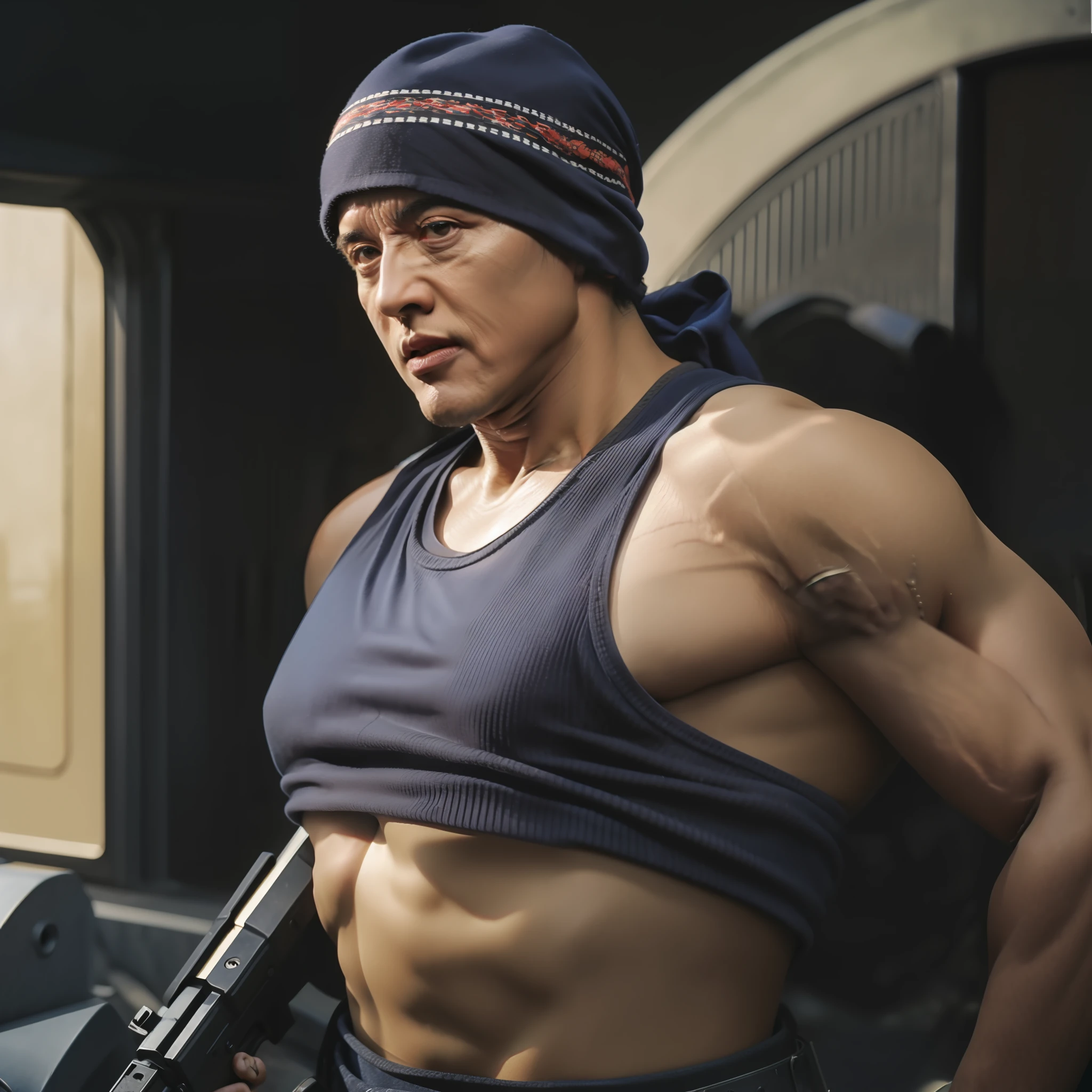 Masterpiece、The highest image quality、mastaer piece、Superb work、8k、Movie Masterpiece、Sylvester Stallone、Rambo、Stallone in a tank top with a strong body、He wears a bandana on his head、In one hand is a large machine gun、Rampage on the battlefields of Afghanistan、action pose