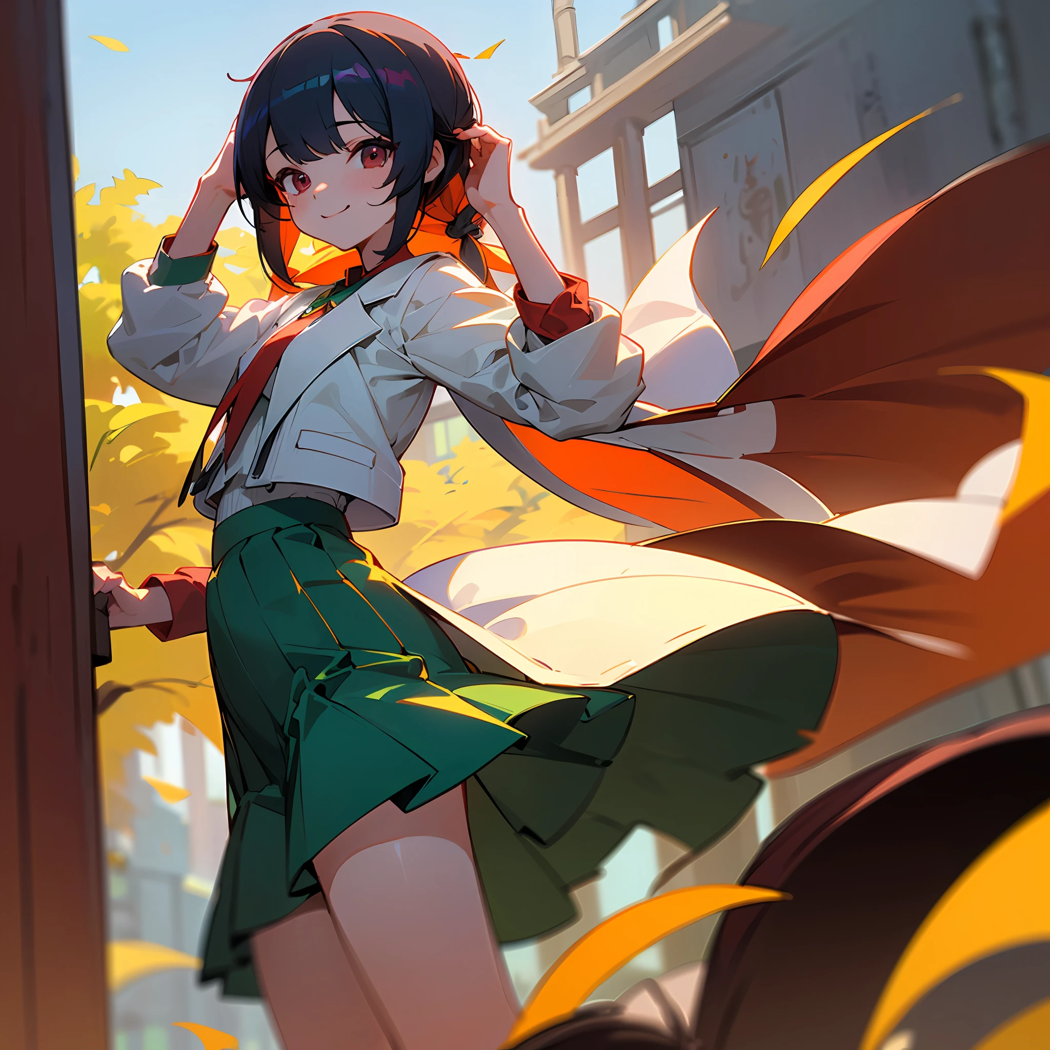 ((Best quality、8K、A masterpice:1.3))、only girl、Whole human body、black har、tie up your hair slightly below the ears,、Two-way binding、Tall、White jacket、Green trainer、Long skirt in dark red color、In the street、A blue sky、a smile、Fun pose