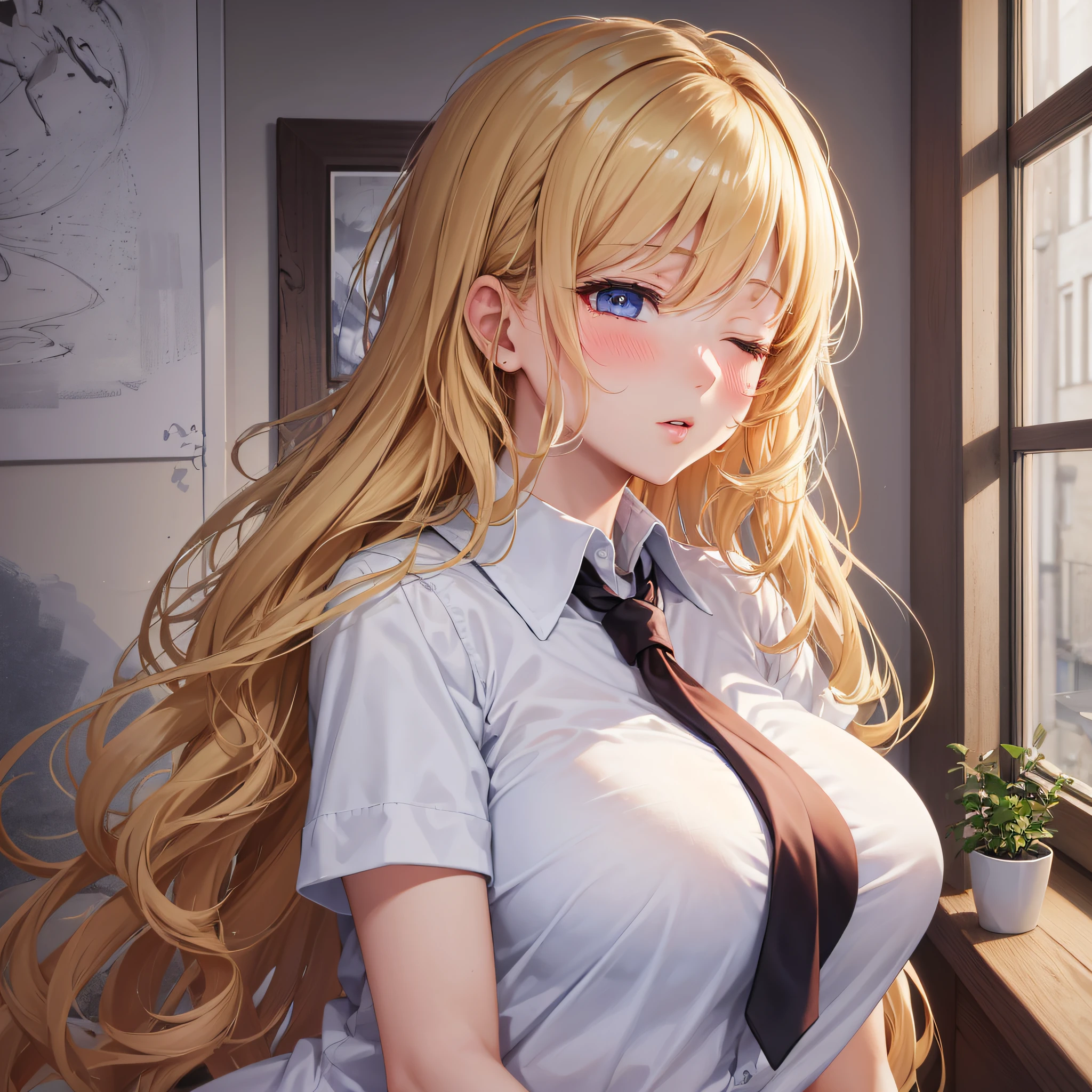 sumire1, hairband, long hair, solo, white thighhighs, school uniform, red ribbon, neck ribbon, grey dress, blunt bangs, pinafore dress, white shirt, short sleeves, collared shirt, medium breasts, perfect hands