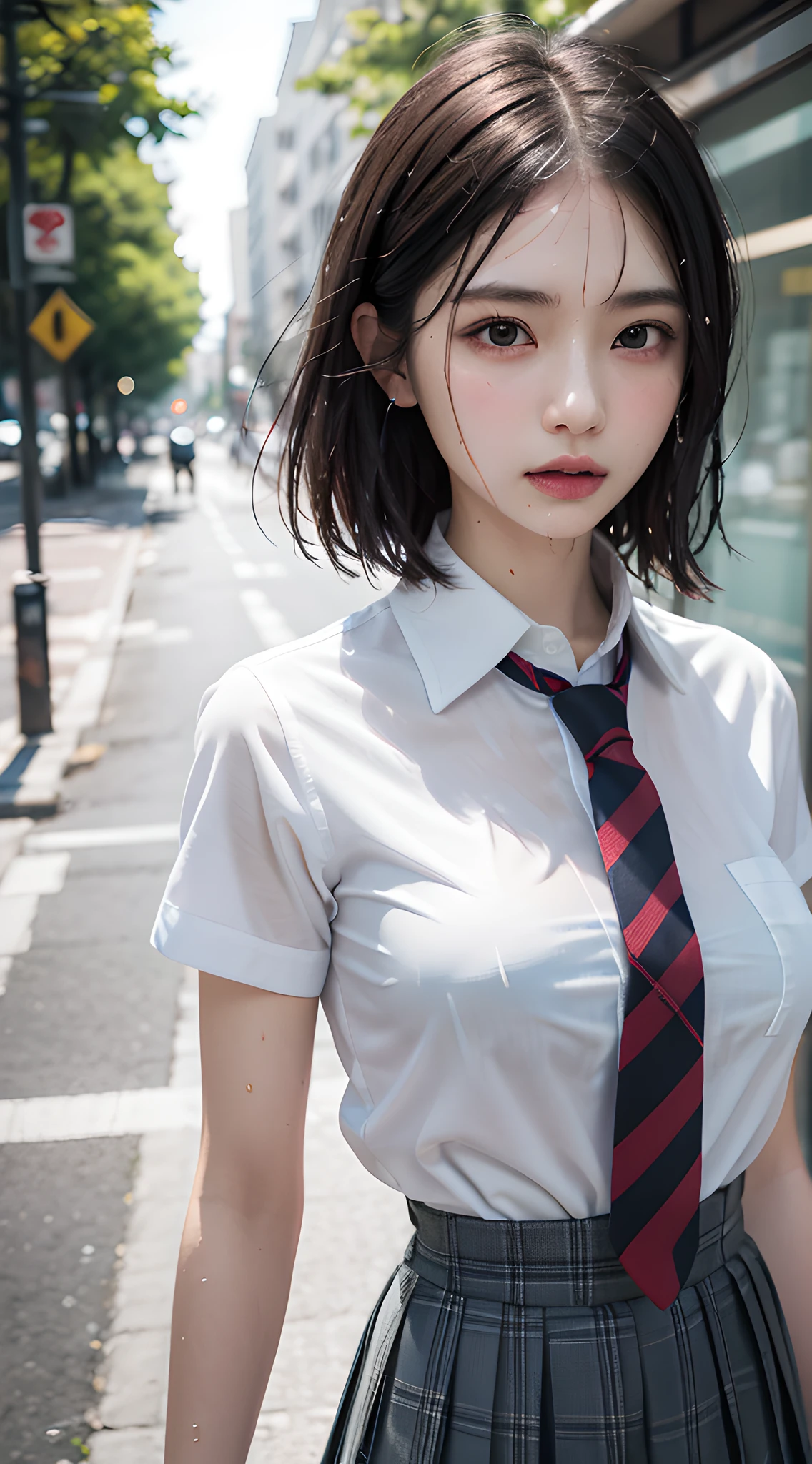 violaceaess, (gardeniass, rosaceaess:0.8), (masterpiece, best quality:1.4), delicate girl, beautiful short hair, close up, school uniform, white dress shirt, short sleeve, dark grey pleated plaid skirt, 8k, 50mm portrait, raw photo, absurdres, breasts focus, large breasts, thin arms, very thin waist, arch back, no makeup, worried, sophisticated, facelight, clear lighting, film grain, chromatic aberration, (dark red necktie:1.2), (wet shirt:1.3), street, bokeh, (simple background:1.2)