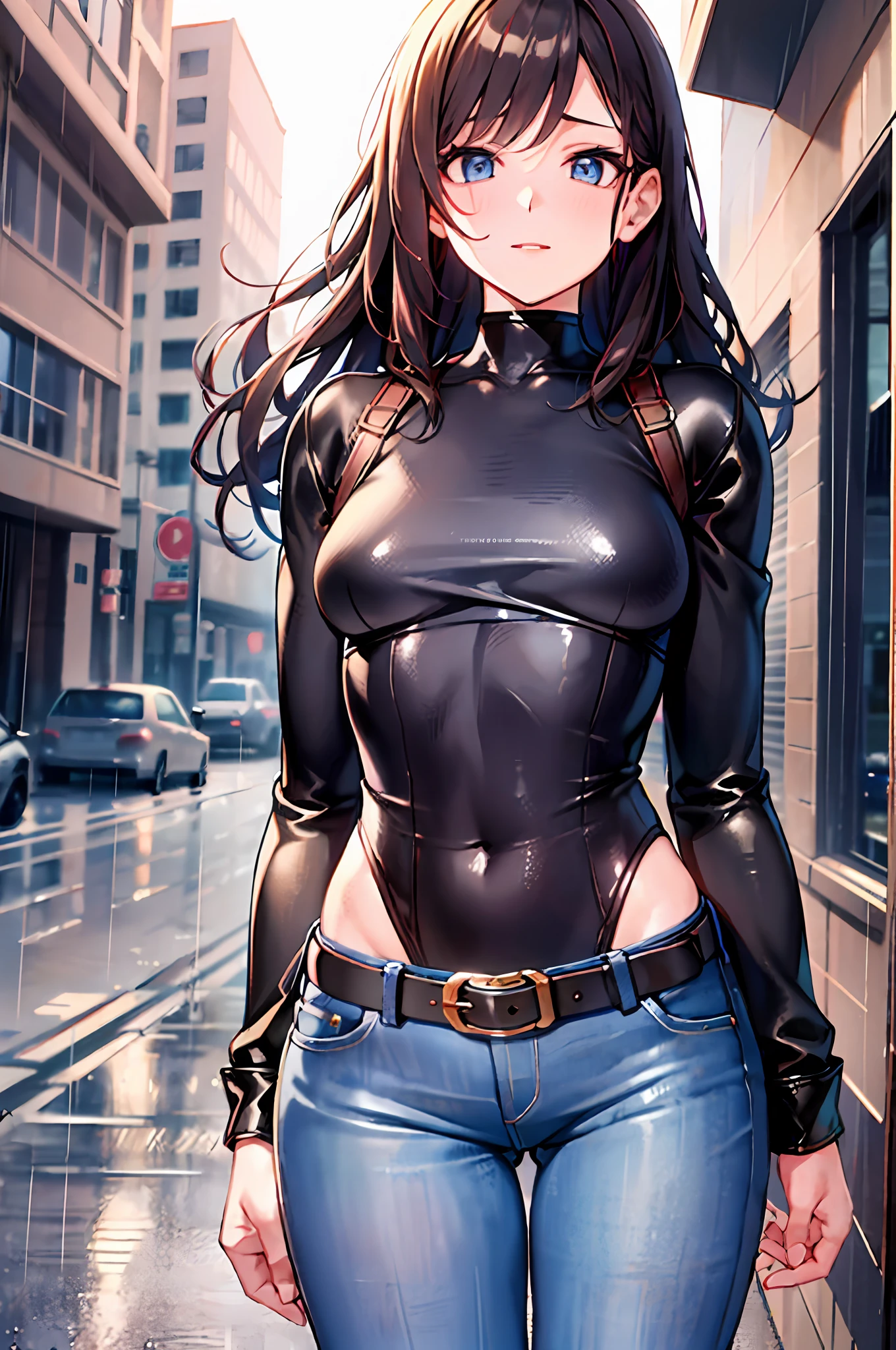 maryms, top quality, (beauty), 1girl, physically based rendering, ultra high resolution, (cowboy shot: 1.5), narrow waist, skinny, leonam, muscular, big blue eyes, long legs, jeans, leather belt, small breasts, puffy eyes, leather belt, (rainy city), shiny skin, facing person, winning posture,