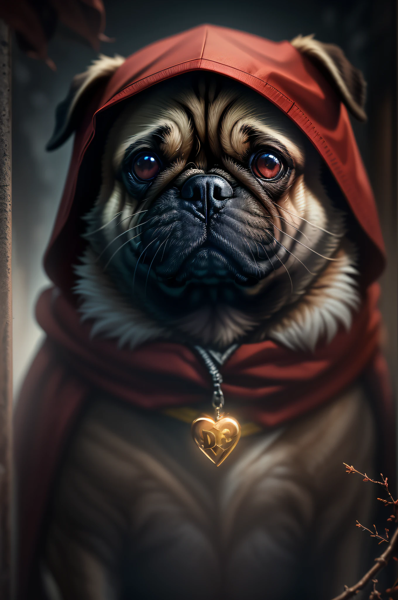 pug made like DC red hood covered with tree branches, bright white bright human heart visible, noturno, colorido, Hyper-detailed HDR cinematic lighting photography, softbox lighting, detalhes extremos