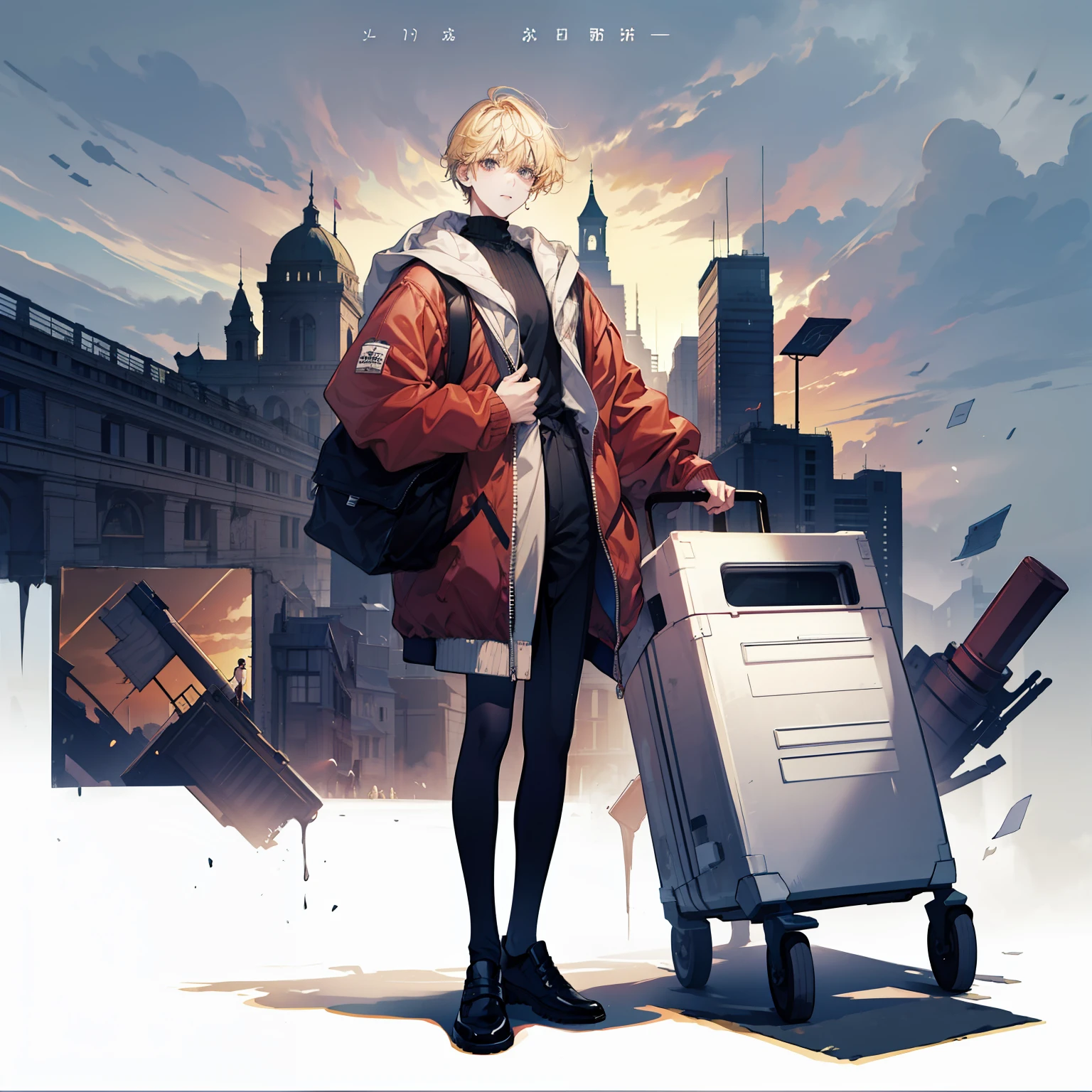 High-quality diagrams，A teenager，Tall guy，blonde short hair。Handsome，Standing with a schoolbag in one hand，The other hand crosses the waist