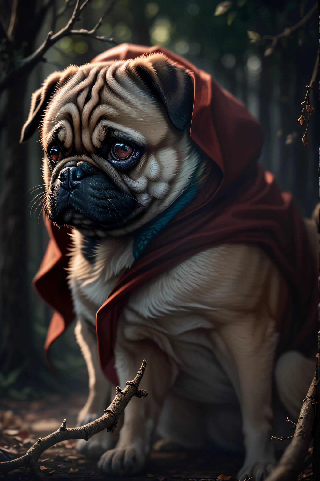 pug made like DC red hood covered with tree branches, bright white bright human heart visible, noturno, colorido, Hyper-detailed HDR cinematic lighting photography, softbox lighting, detalhes extremos