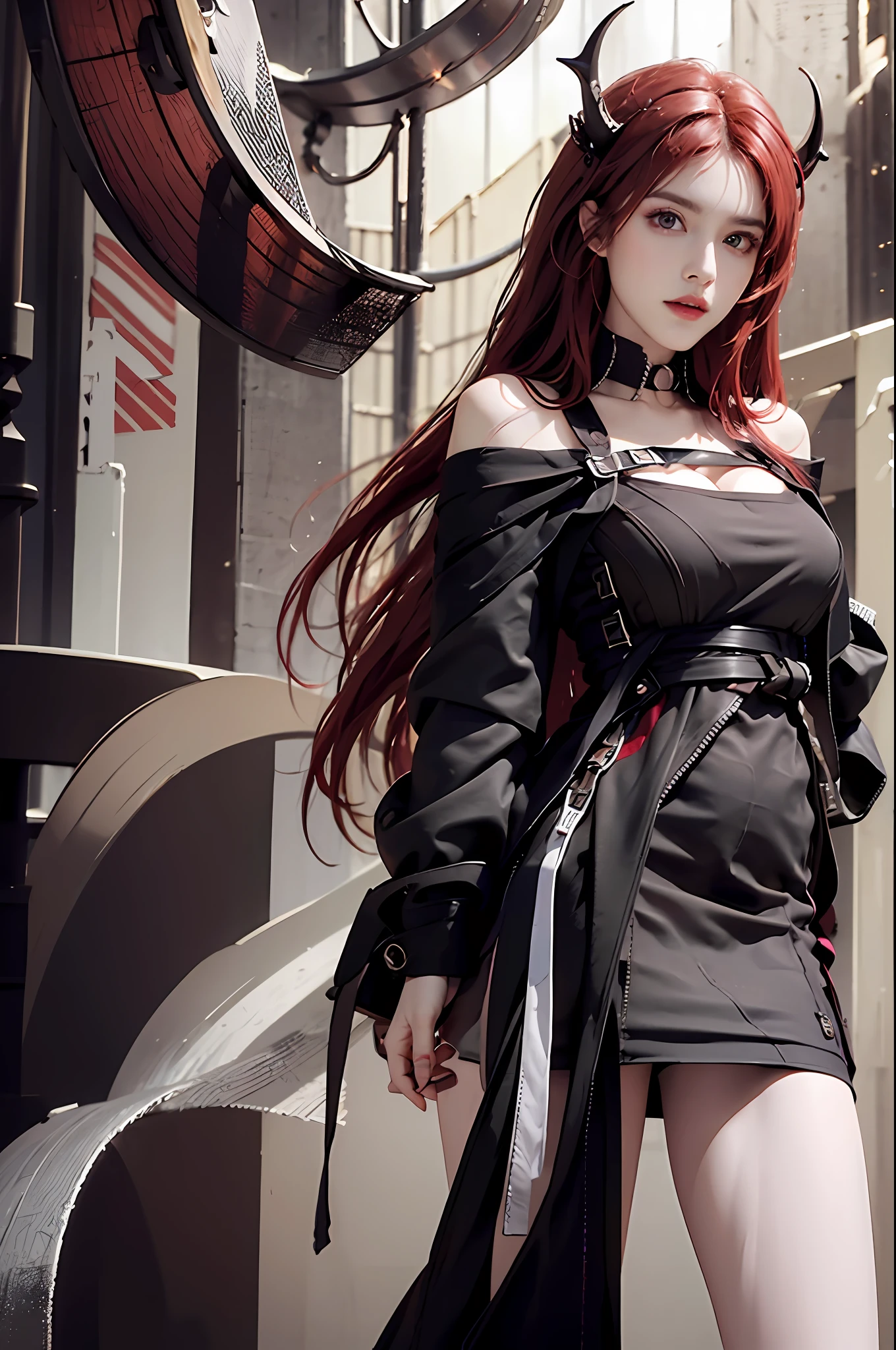 photorealistic, high resolution, 1 girl, waist up, origen, serious, horn, long hair,red hair,purple eyes,off-the-shoulder jacket, black dress, black stocking
