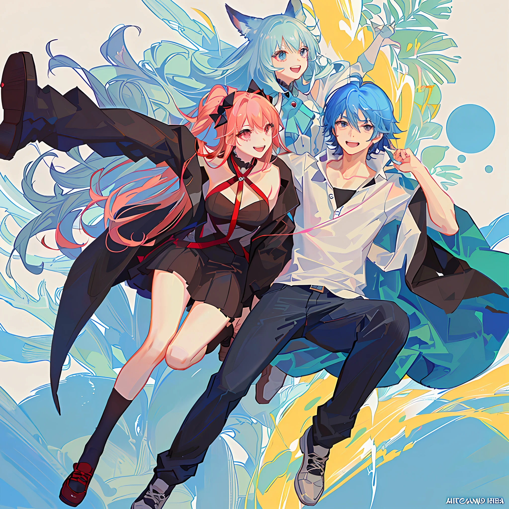 The girl put her arm around the boy's neck,2d anime,The two talked and laughed in a full-body campus style