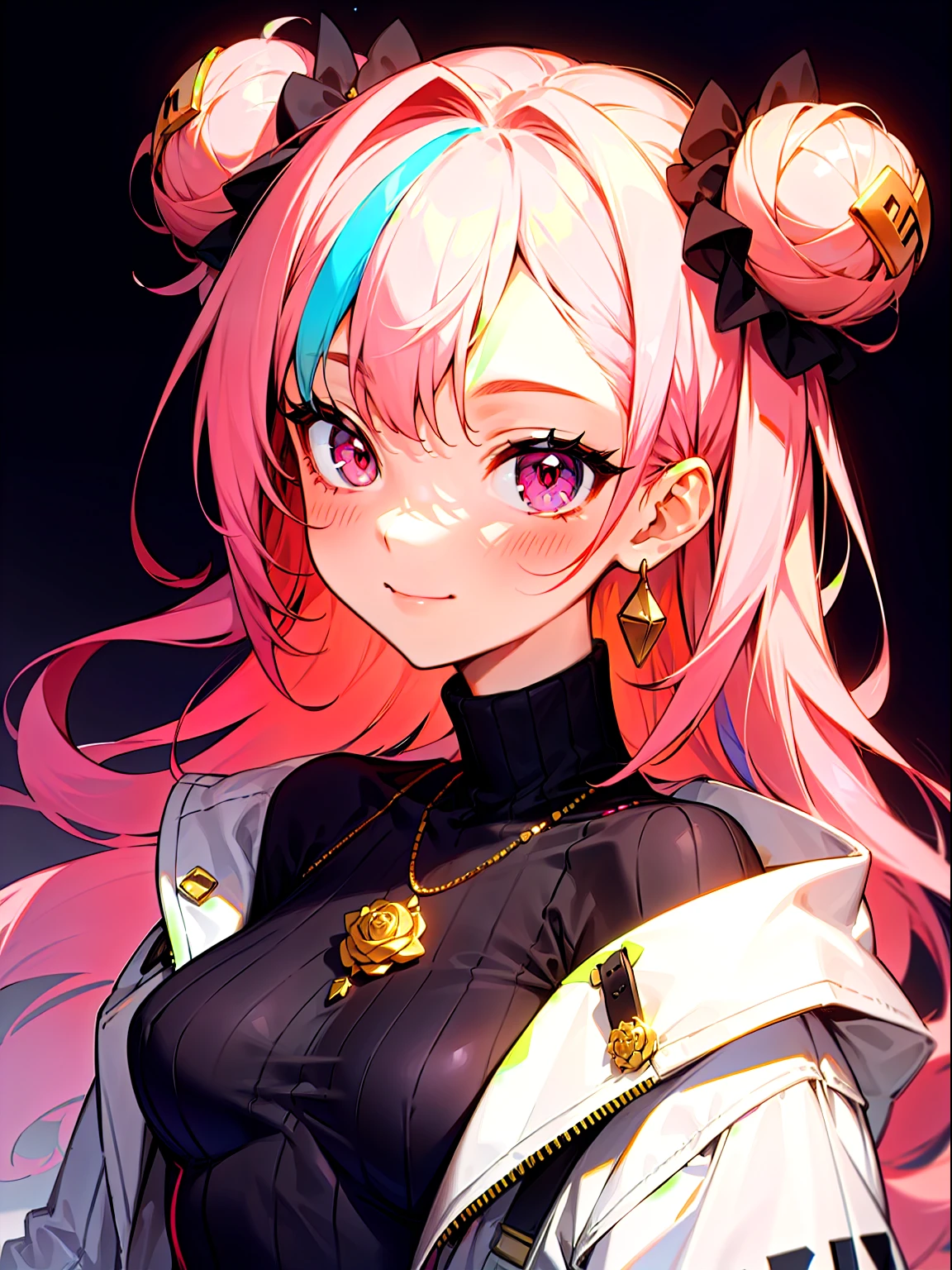 pink eyes, 独奏, Masterpiece, Best Quality, a 1girl, White jacket, black turtleneck, gold earrings, double bun, Jewelry, long sleeves, two tone hair, multicoloured hair, rose hair, (([rose hair | ((dark purple hair))])), emote face smile, off-shoulder, small breasts, ((asymmetrical sidelocks)),